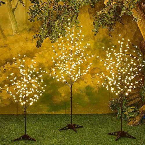 Lightshare Árbol de flor de cerezo con luz LED, 4 pies, 5 pies y 6 pies, blanco cálido, paquete de 3, decoración del hogar, jardín, verano, boda,