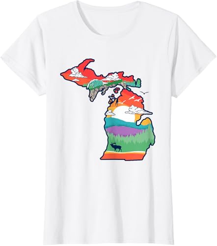 Miniatura 48 de Michigan Outside Vintage Nature Illustration Artistic T-Shirt Slate Grey,White,Baby Blue,Red,Silver Grey,Dark Green,Kelly Green,Olive Green,Lemon