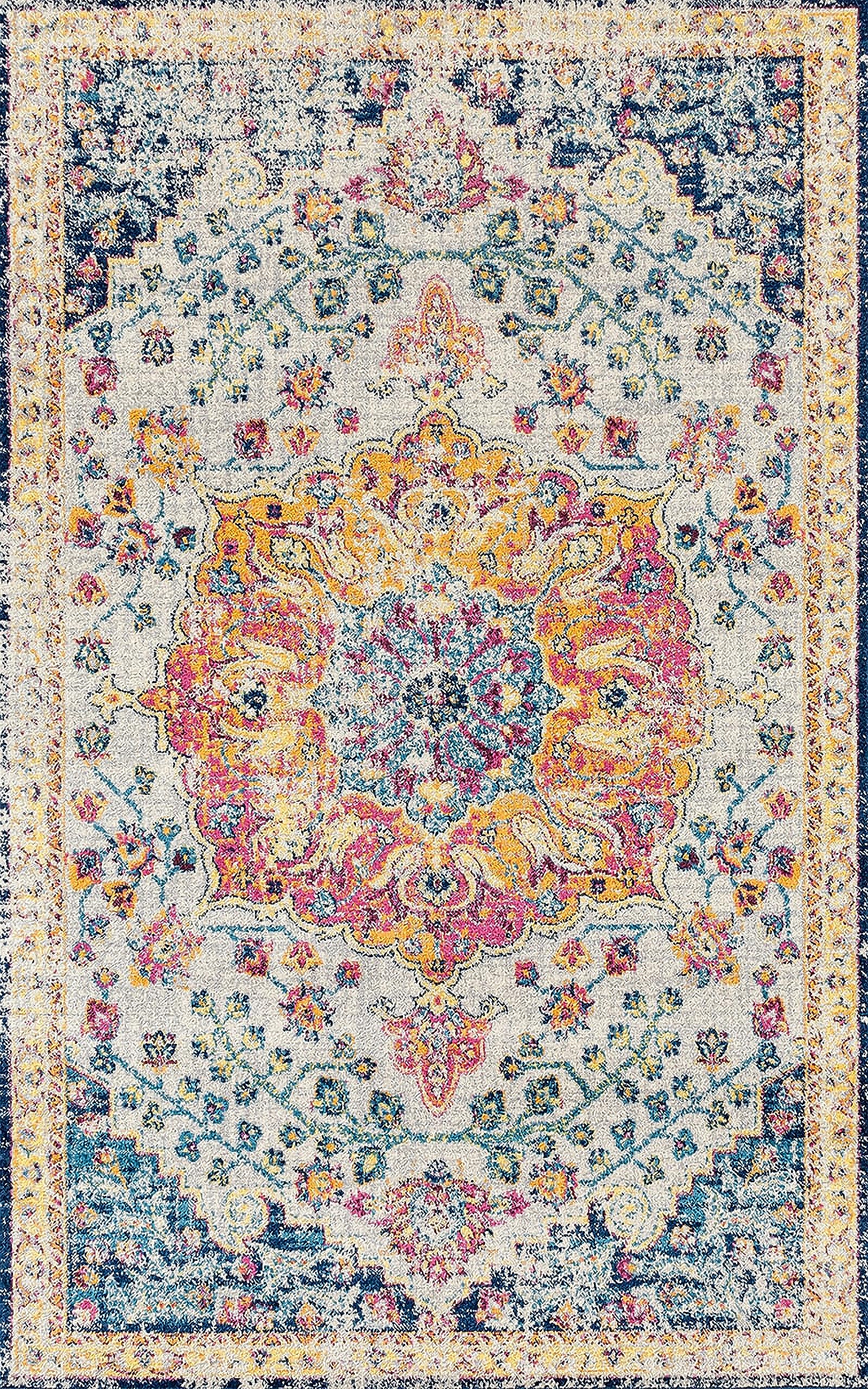 Yancorp 4'x6' Boho Area Rug for Bedroom Washable Rug Vintage Carpet Living Room Non Slip Hallway Runner Rug Indoor Floor Mats Colorful Entryway Rugs,Floral Rug