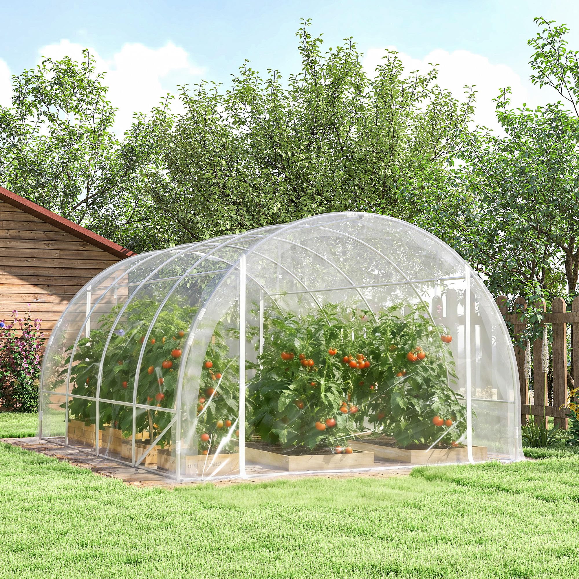 Outsunny Gewächshaus ca. 4 x 3 x 2 m Foliengewächshaus mit Breiter Rollbar Reißverschlusstür, Stützstangen Verlängerte Kanten 150g/m² PE UV-beständig Folientunnel, Winterfest Tomatenhaus, Transparent