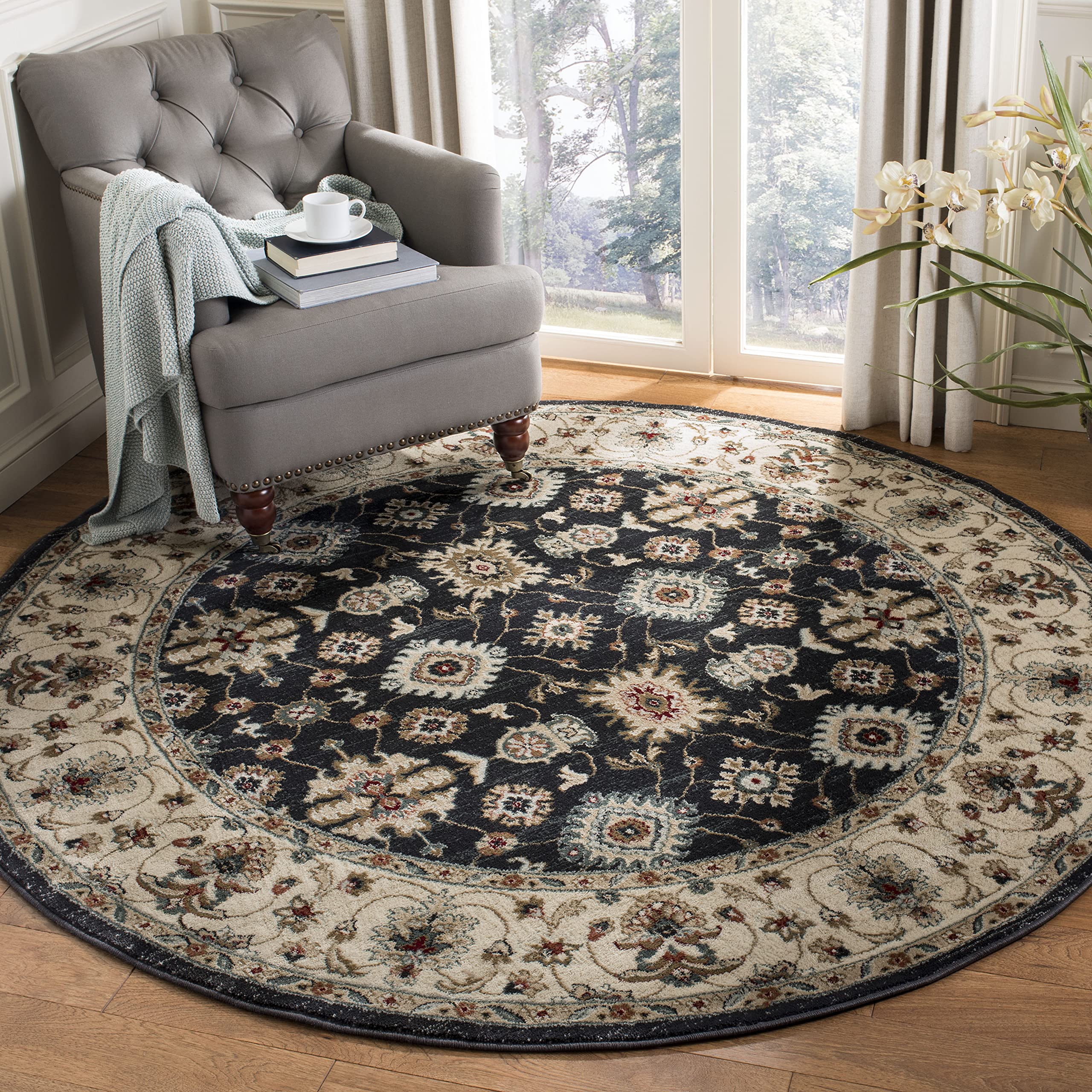 SAFAVIEH Lyndhurst Collection Area Rug - 7' Round, Navy & Creme, Traditional Oriental Design, Non-Shedding & Easy Care, Ideal for High Traffic Areas