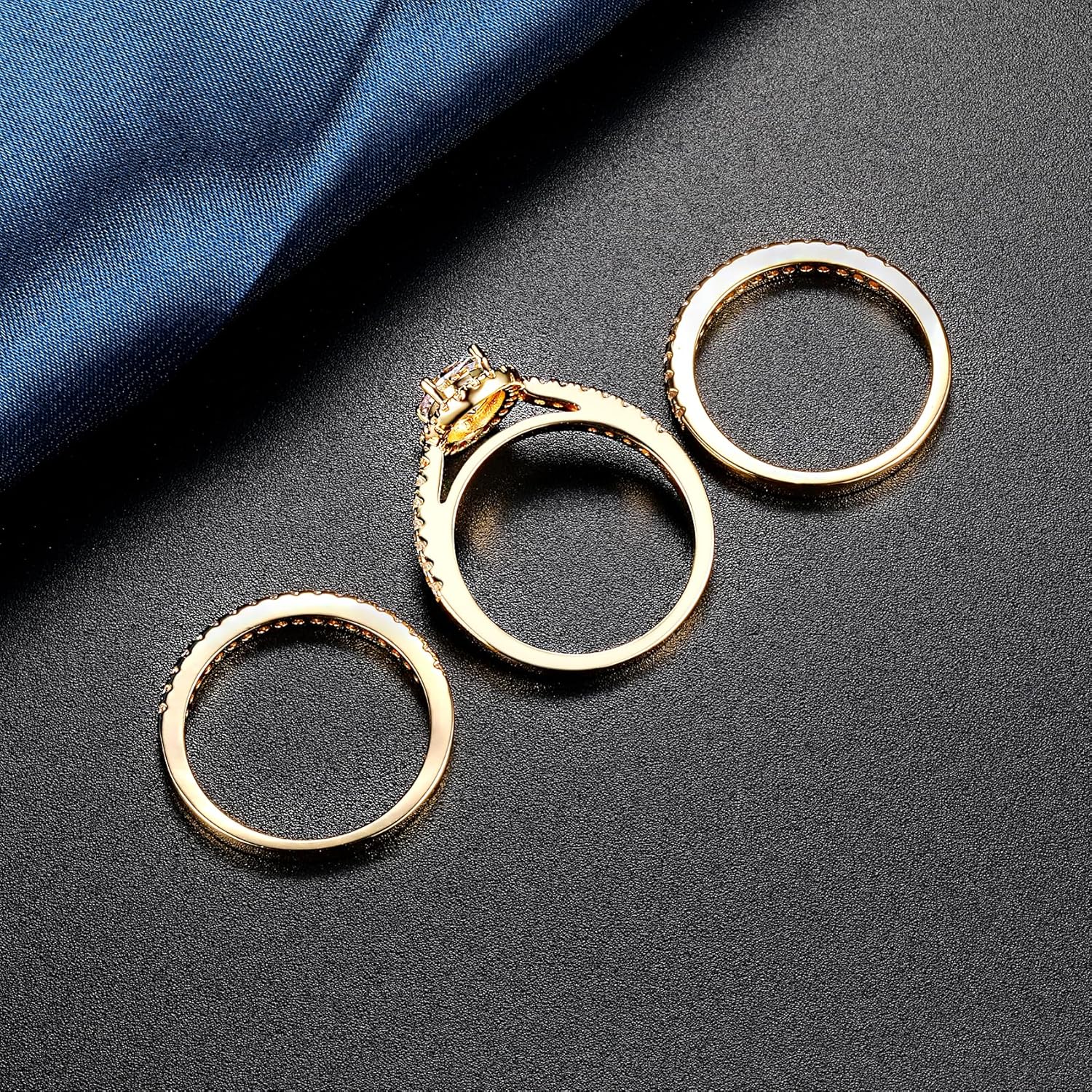 MDFUN Three in One Round/Oval/Eye/Teardrop Halo Wedding Bands Set Engagement Rings 18K Yellow Gold Plated Cubic Zirconia Promise Eternity Band for Women Size 5-10 - Image 5