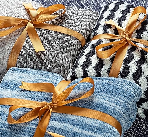 Miniatura 3 de Chanasya Manta de felpilla de punto aterciopelado de punto crema a rayas de alta calidad, súper suave, acogedora y elegante decorativa para sofá,