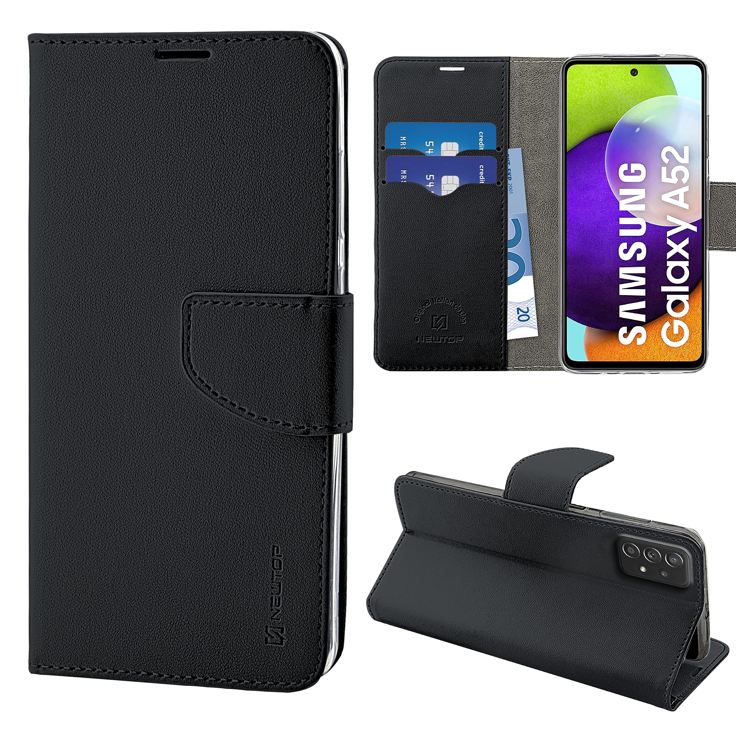 N NEWTOP Cover Compatibile con Samsung Galaxy A52 4G - 5G, HQ Lateral Custodia Libro Flip Chiusura Magnetica Portafoglio Simil Pelle Stand (Nero)