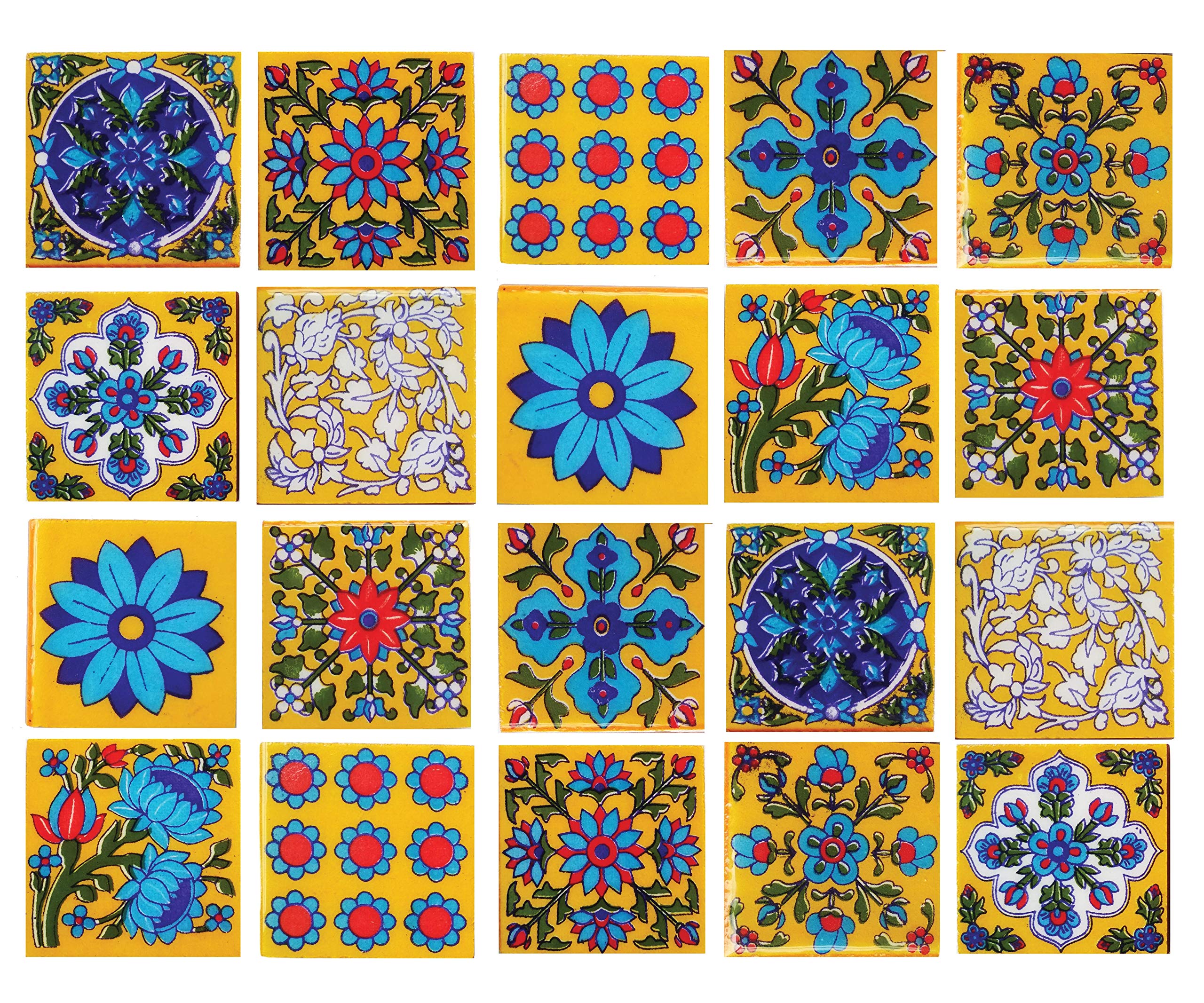Shiv Kripa Blue PotteryArt Festive Decorative Classic Interior Exterior Crafted Tabletop Flooring Wall Traditional 2 x 2 inch Tiles Pack of 20 Tiles (Yellow & Multi)