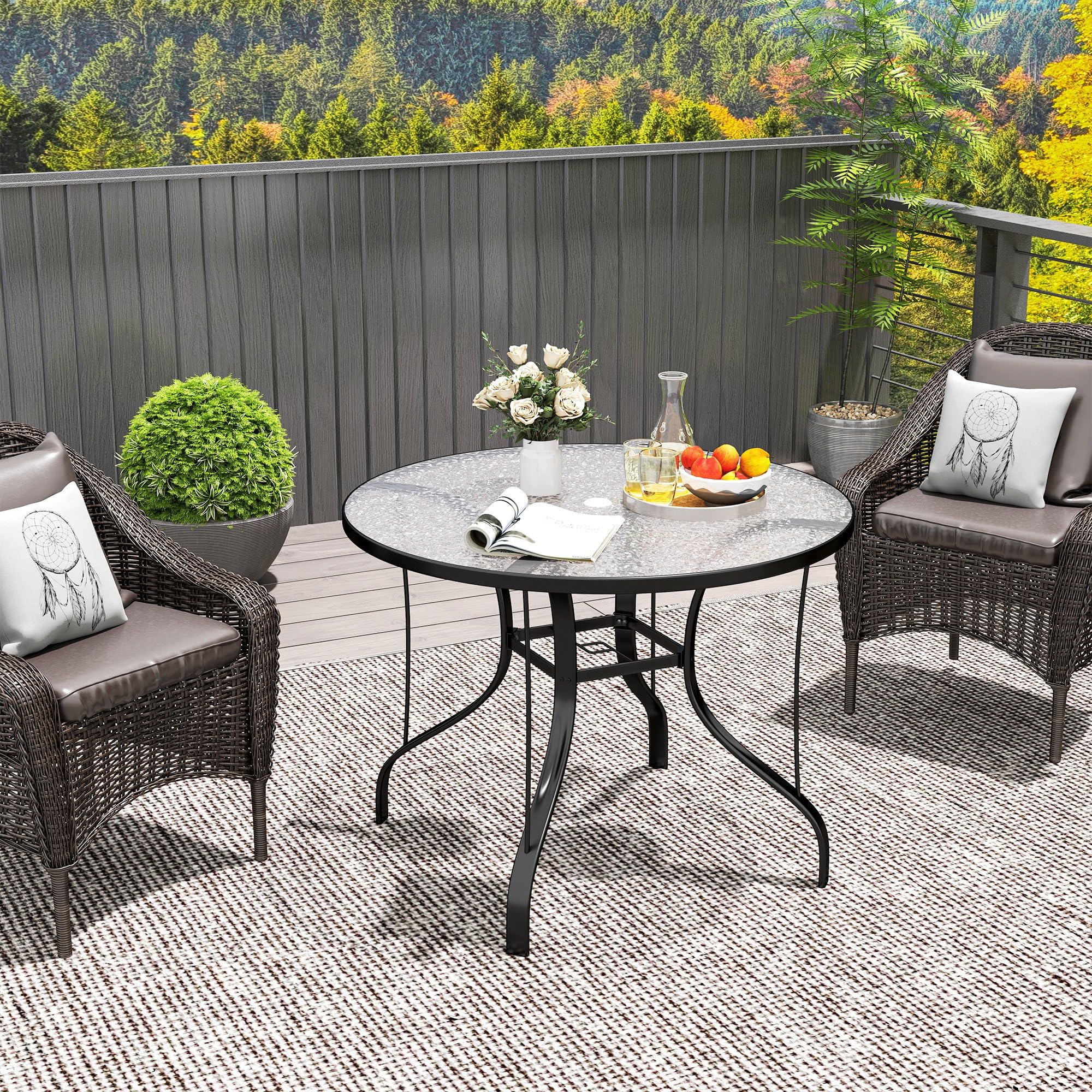 Outsunny Table de Jardin Ronde Ø96.5x71 cm Verre Trempé Métal Noir avec Trou pour Parapluie
