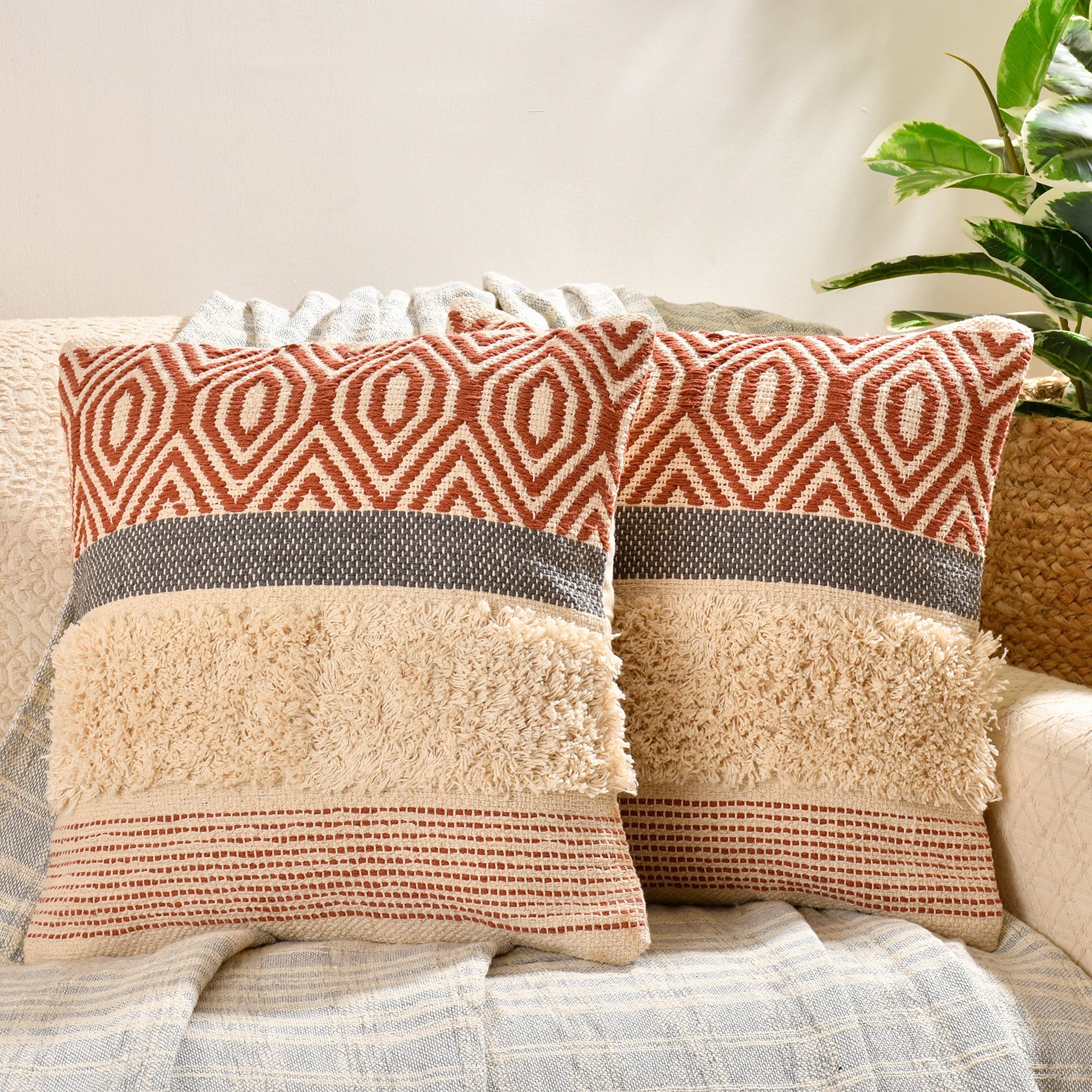 Lyve Chevron Cotton Throw Pillow, Boho Decorative Square Cover for Couch Sofa Bedroom Living Room (Pack of 1, 45x45 cms / 18x18 inch, Red)