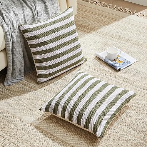 Miniatura 5 de GIGIZAZA Paquete de 2 fundas de almohada de 18 x 18 pulgadas, color verde oliva, estilo bohemio, de lino y algodón, a rayas, para sofá, funda de