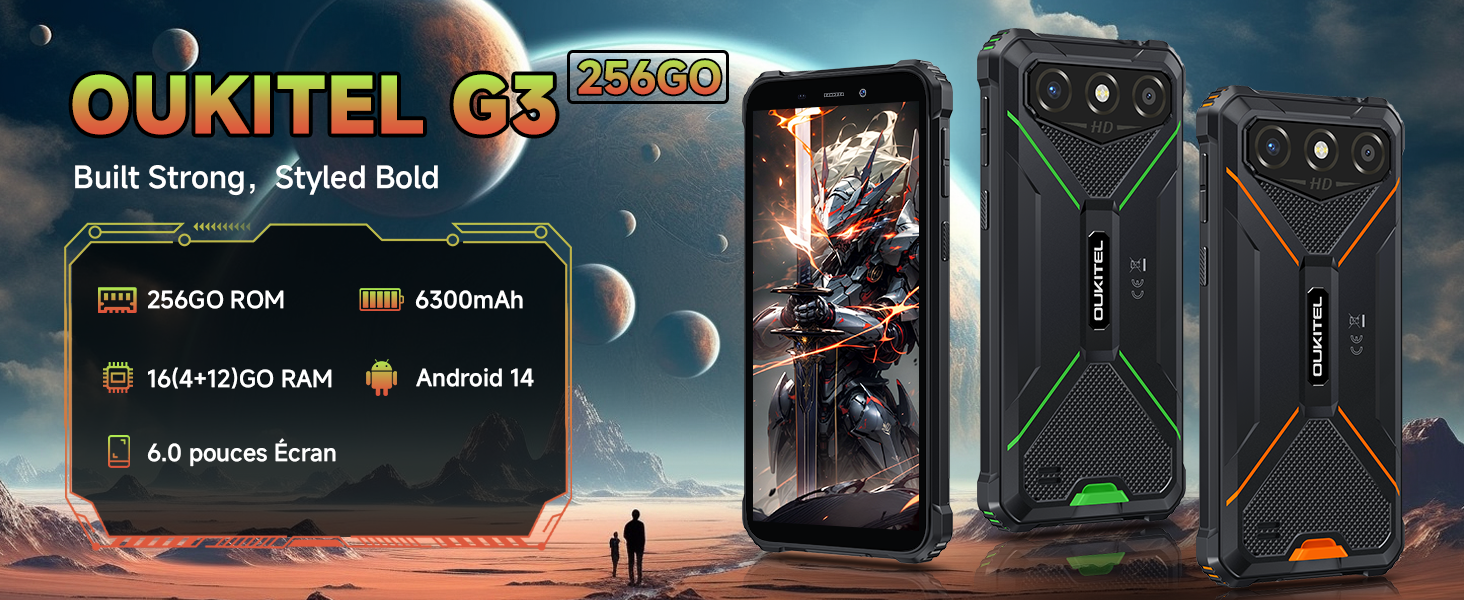 OUKITEL G3 Téléphone Incassable Android 14 - 16Go RAM / 1To ROM, 6300mAh, IP68/IP69K - Pour Chantier Et Outdoor