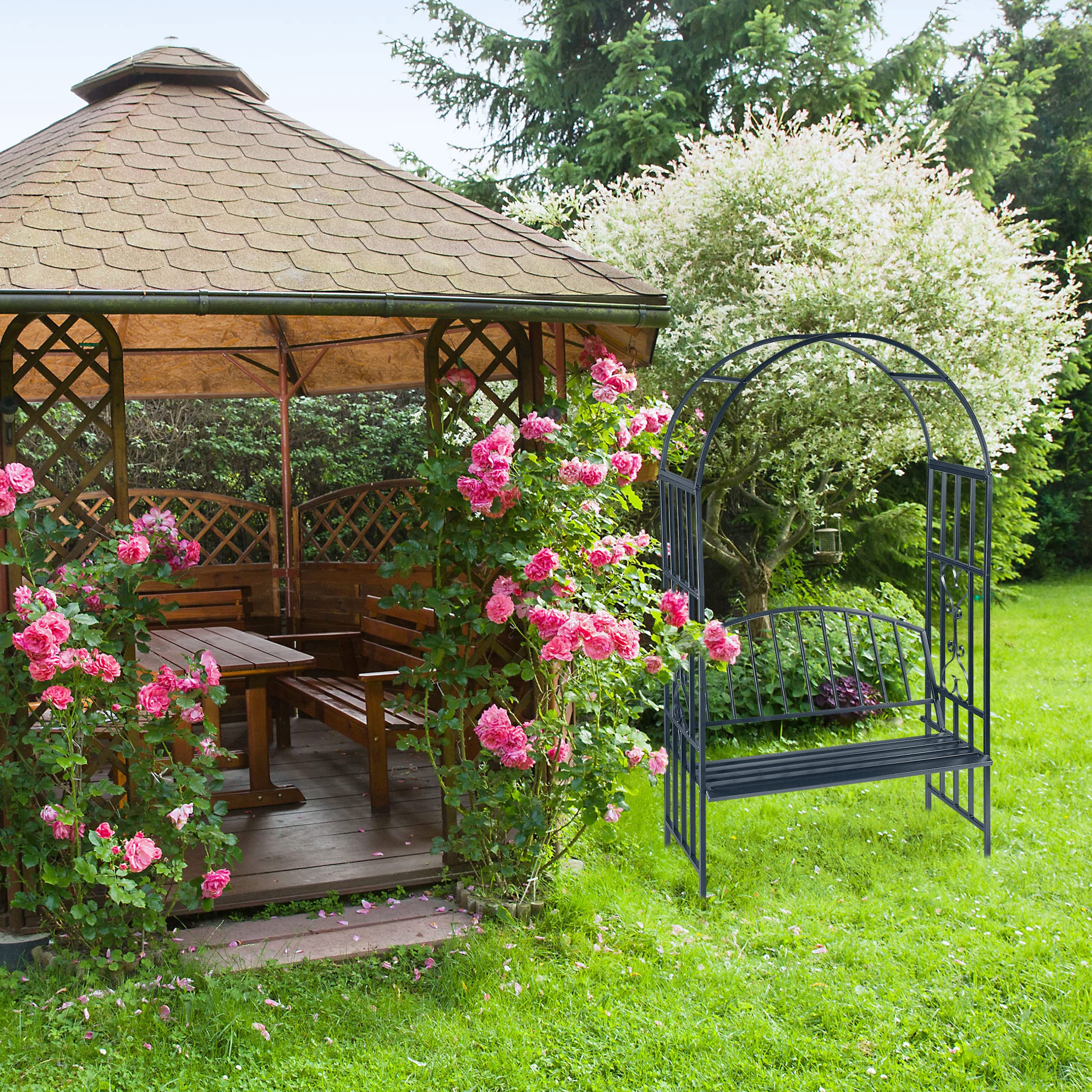 Relaxdays Panchina da Esterno, Arco da Giardino con Panca, per Rose e Rampicanti, Pergolato Balcone, Terrazzo, Antracite