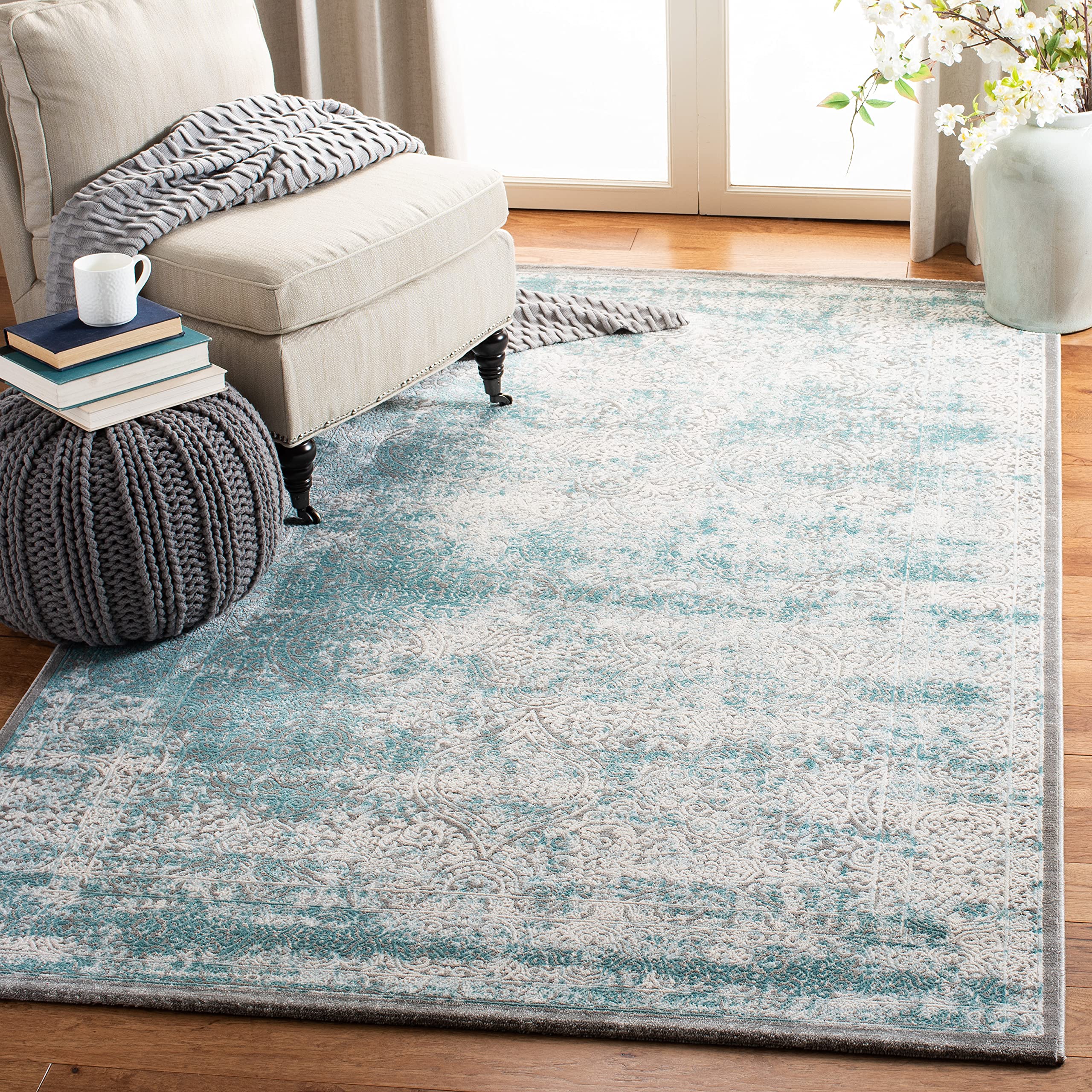 Glam Indoor Woven Rectangle Area Rug, Passion Collection, PAS401, in Turquoise / Ivory, 122 X 170 cm for Living Room, Bedroom or Any Indoor Space