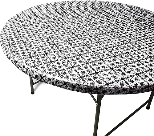 TopTableCloth Se adapta a mesas de hasta 43 a 48 pulgadas, mantel redondo ajustable con patrón negro elástico, de vinilo de plástico, parte trasera disponible en Yaxa Colombia