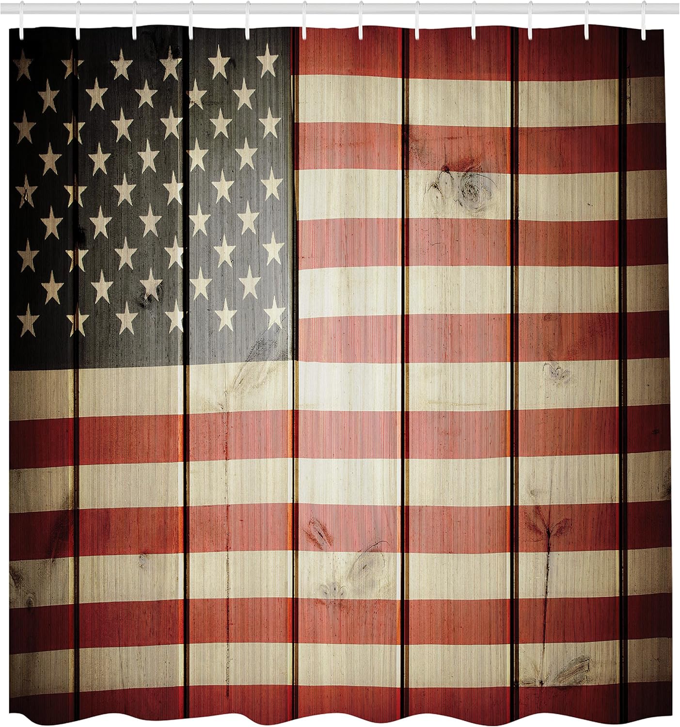 Ambesonne American Flag Shower Curtain, USA Flag Over Vertical Striped Wooden Board Citizen Solidarity Art, Cloth Fabric Bathroom Decor Set with Hooks, 69" W x 70" L, Blue Red 69" W x 70" L Blue Red