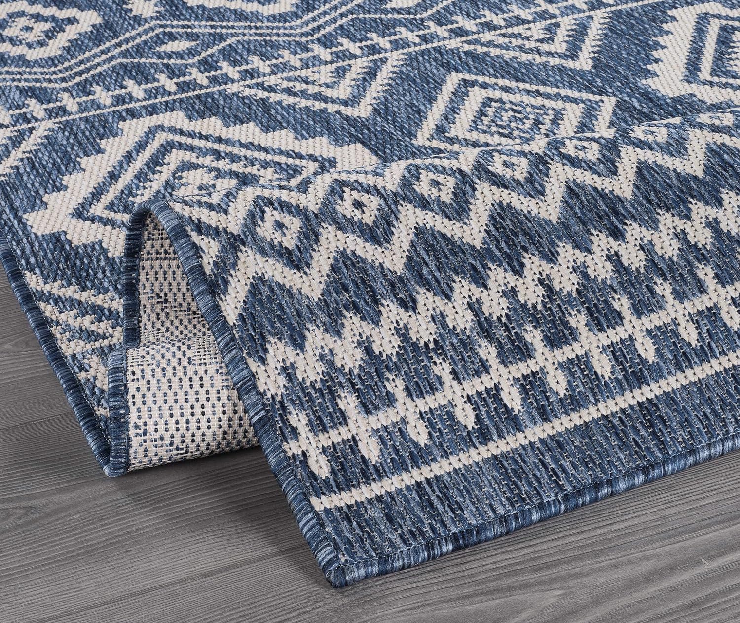 Beverly Rug Waikiki Boho Indoor Outdoor Rug 6x9, Washable Outside Carpet for Patio, Deck, Porch, Bohemian Area Rug, Farmhouse Rugs, Aztec Tribal Rug, Azure and White