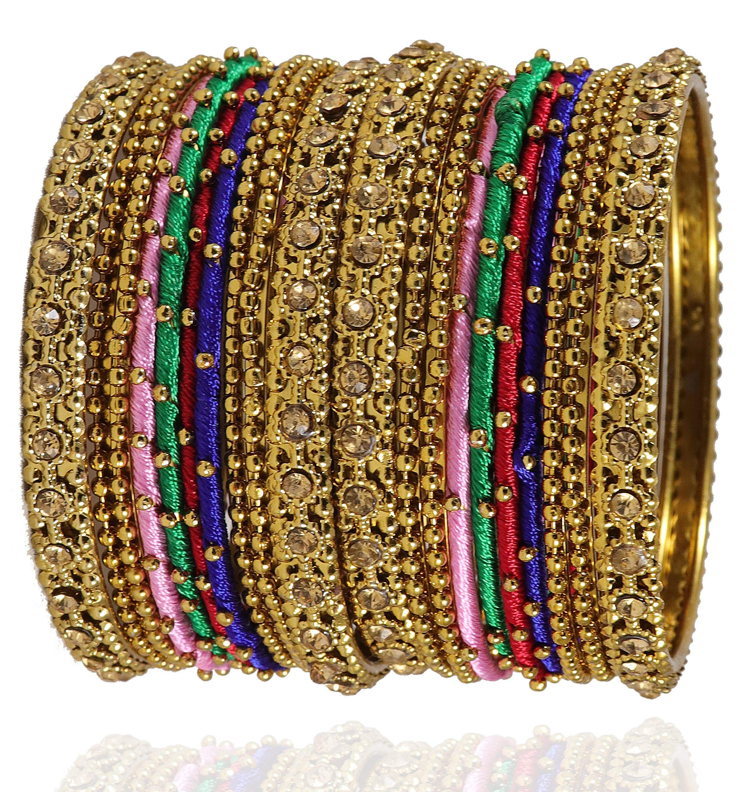 NMII Metal with Golden Zircon Gemstone & Silk Thread Studded worked Ball Chain Linked Stylish Bangle Set For Women and Girls