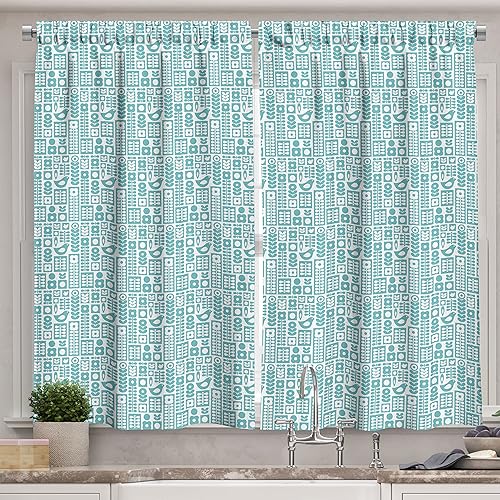 Ambesonne Cortinas nórdicas de cocina, adornos populares escandinavos con diseño moderno de flores abstractas y pájaros, cortinas de ventana, juego