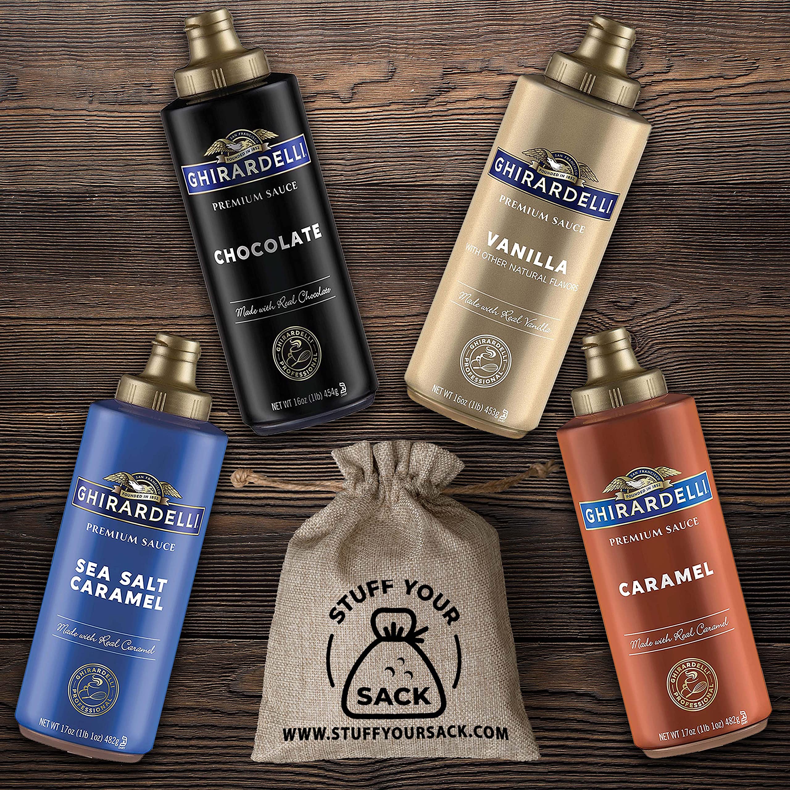 Ghirardelli Coffee Syrup Variety Pack 4 Flavors, Ice Cream Toppings, Caramel Sauce, Vanilla