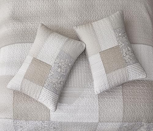 Vista 107 de Chezmoi Collection Samuel Juego de colcha con relleno de cuadros gris pardo, blanco y azul marino, 3 piezas, retales, algodón prelavado, ligero