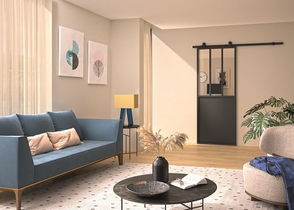 OPTIMUM Kit Porte Coulissante Intérieure Atelier Noir avec Rail – Plusieurs Dimensions – Verre Clair/Dépoli – Rail Apparent Porte Coulissante –...