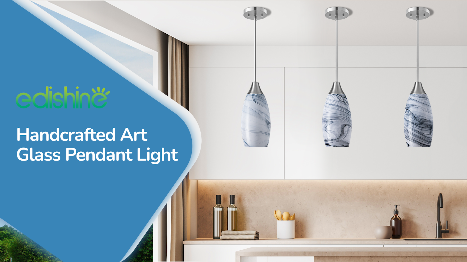 EDISHINE Pendant Light Fixture, Handcrafted Art Glass Hanging