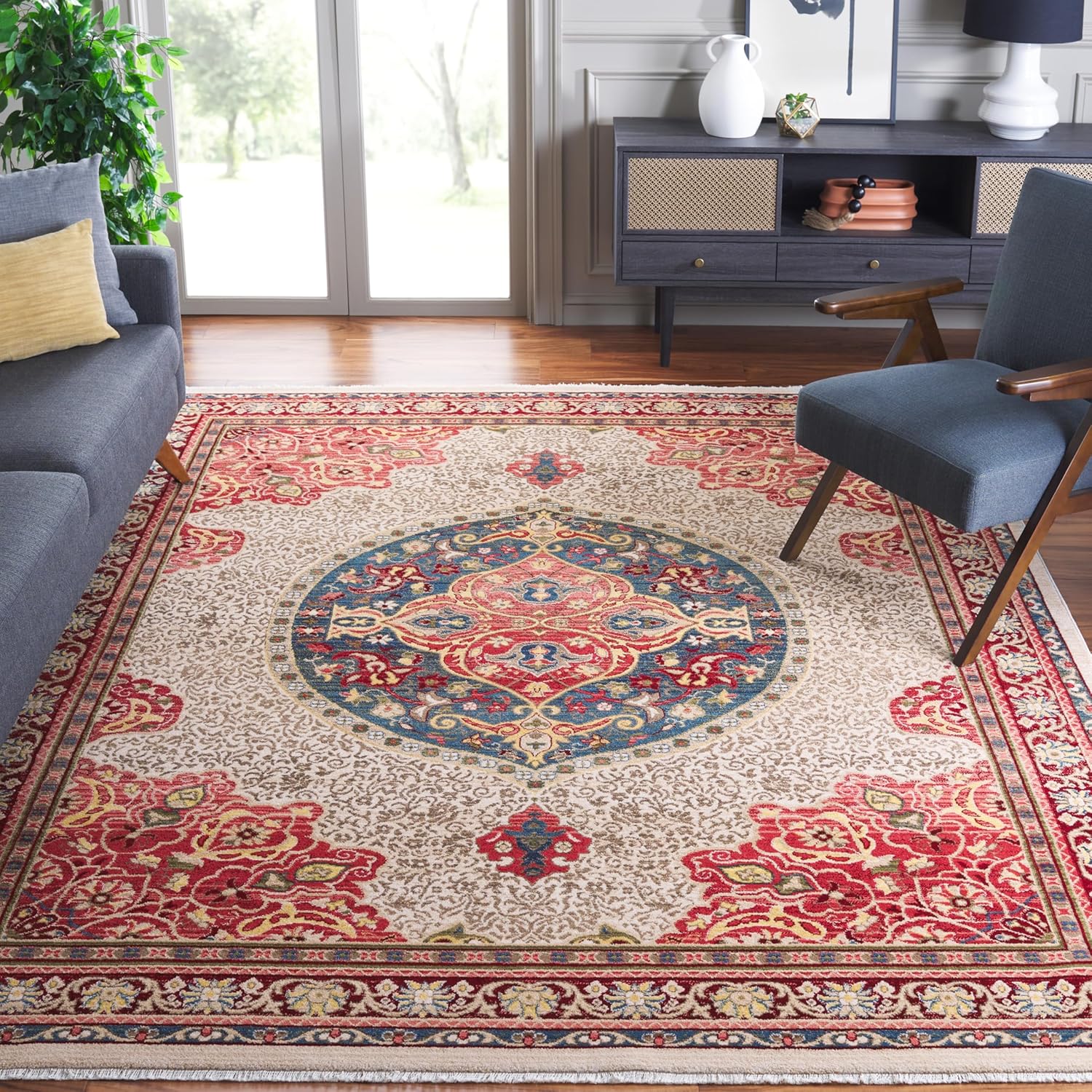 SAFAVIEH Kashan Collection Accent Rug - 3'3" x 4'1, Red & Blue, Traditional Oriental Design, Non-Shedding & Easy Care, Ideal for High Traffic Areas in Entryway, Living Room, Bedroom (KSN302F)