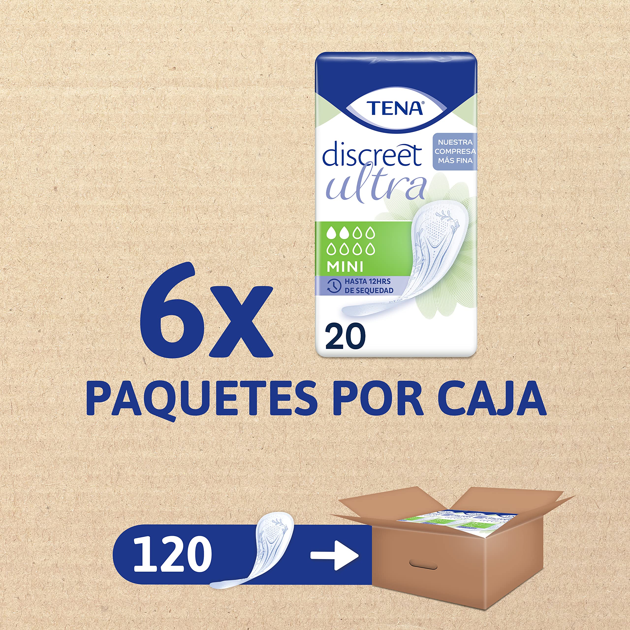 TENA Discreet Mini Ultra 6 x 20 - son nuestras compresas más finas y ofrecen protección discreta y segura para las pérdidas de orina leves - 120 Bolsitas Individuales - Paquete Mensual. Ultrafina.
