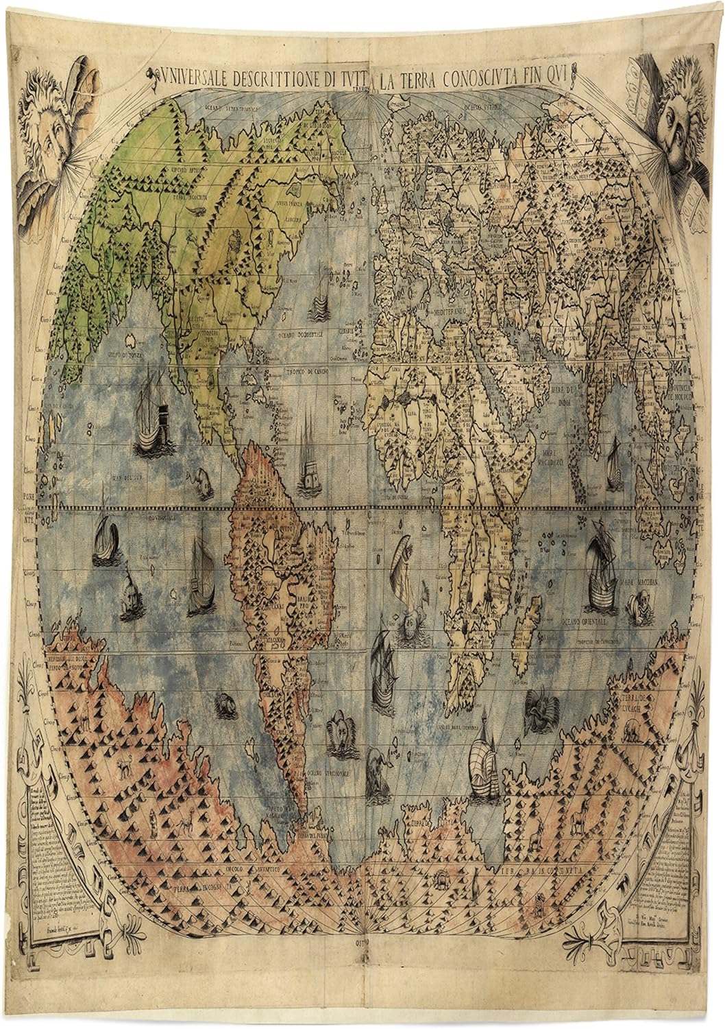 Ambesonne Antique Tablecloth, Map of World Global History Stained Paper Oceans Lands Vintage Atlas, Rectangular Table Cover for Dining Room Kitchen Decor, 60" X 84", Tan Green