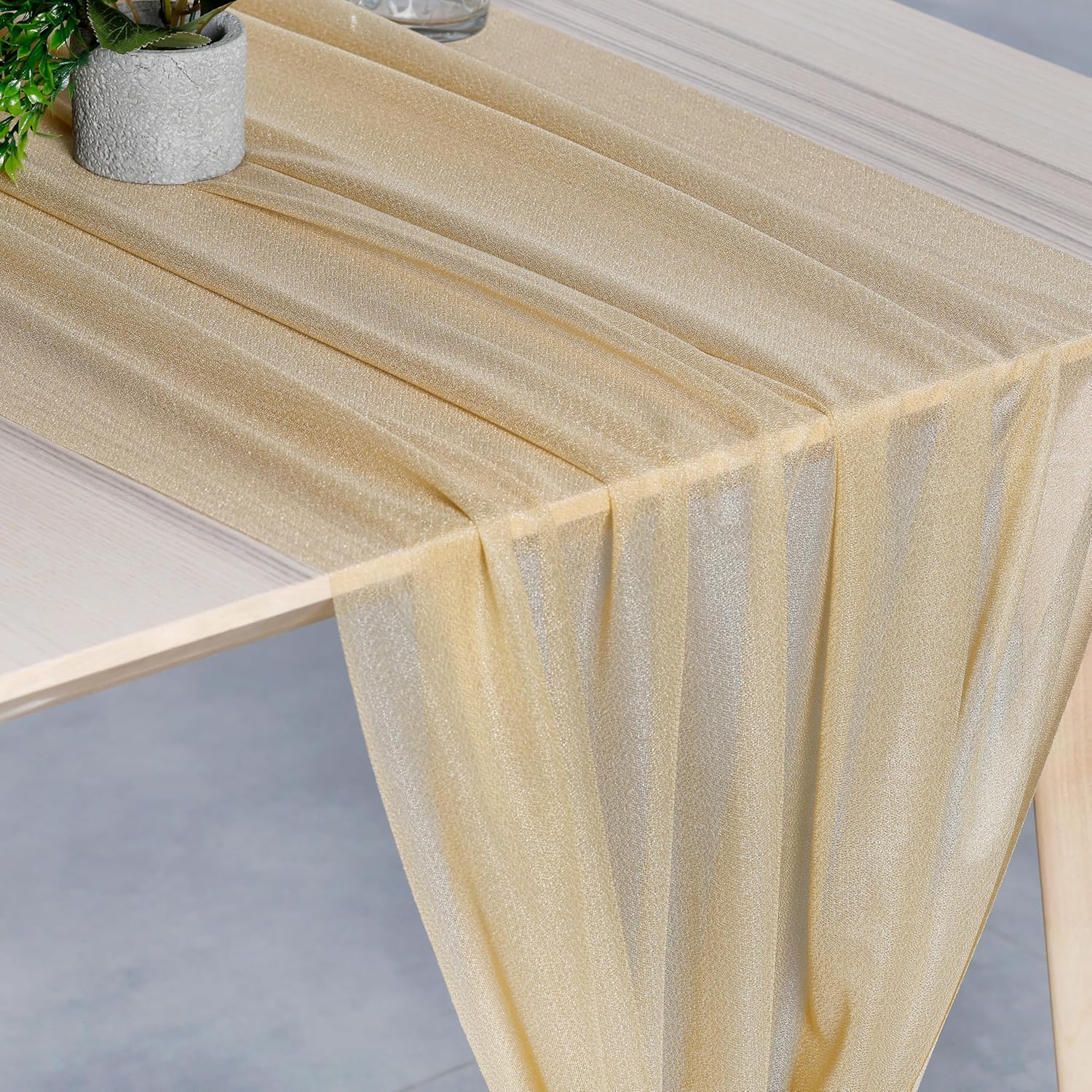 MDS 10 Pack 14ft Chiffon Table Runner 29 x170 Inches Sheer Wedding Runner Romantic Rustic Table Runner for Wedding Decorations, Birthday Parties, Bridal Shower Party Arch Decor - Champagne Gold