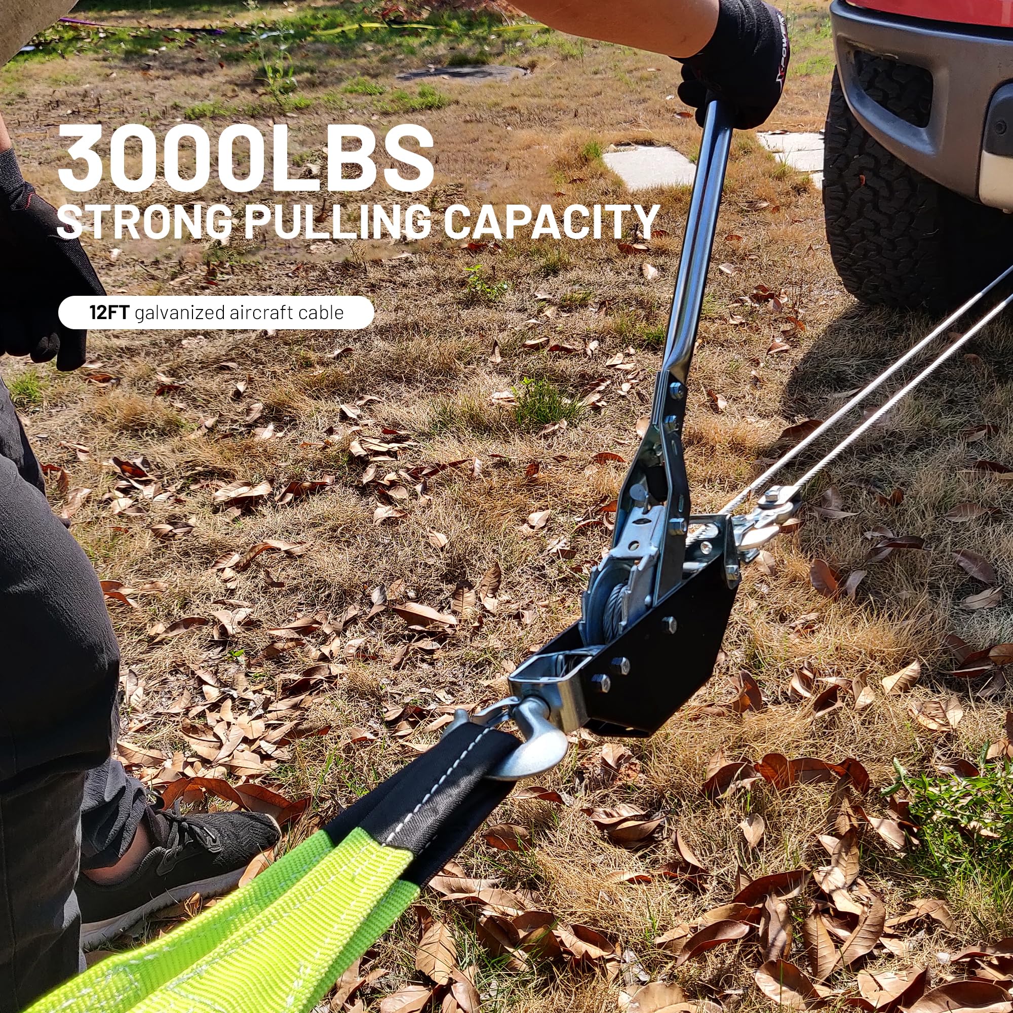 POLESTAR Come Along Seilwinde, 1360 kg Zugkapazität, 3,6 m Stahlseil-Handwinde mit 2 Haken, robuste Doppel-Ratschen-Kabelwinde Abzieher, Automobil-Abschlepphebe-Abzieher für Bergung, Umzug, Sichern