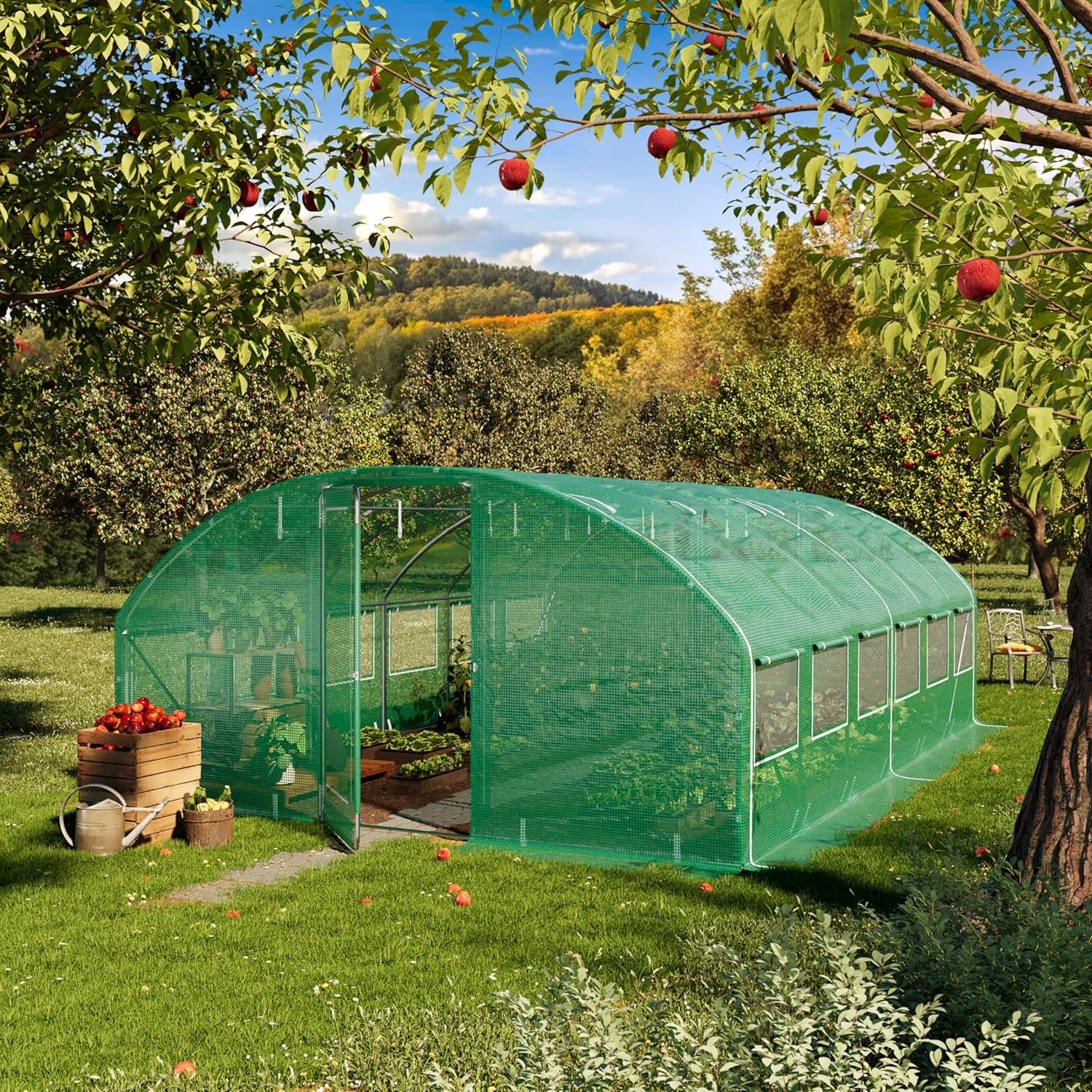 TOOLPORT Premium Tunnel Greenhouse Polytunnel 13x20 ft with Swing Door Construction – 180g/m² PE Cover, Green Transparent