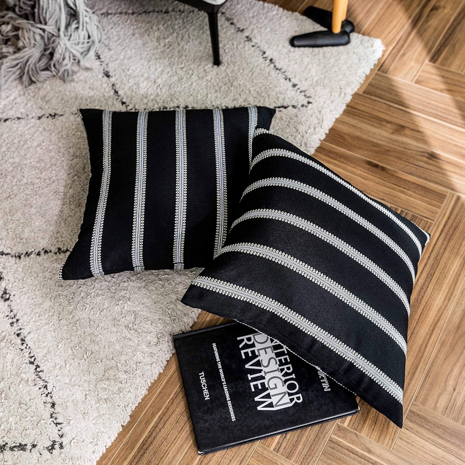 Home Brilliant Classic Black White Stripes Lace Throw Pillow Covers Decorative Euro Shams, 2 Packs, 24x24 inches(60cm), Black