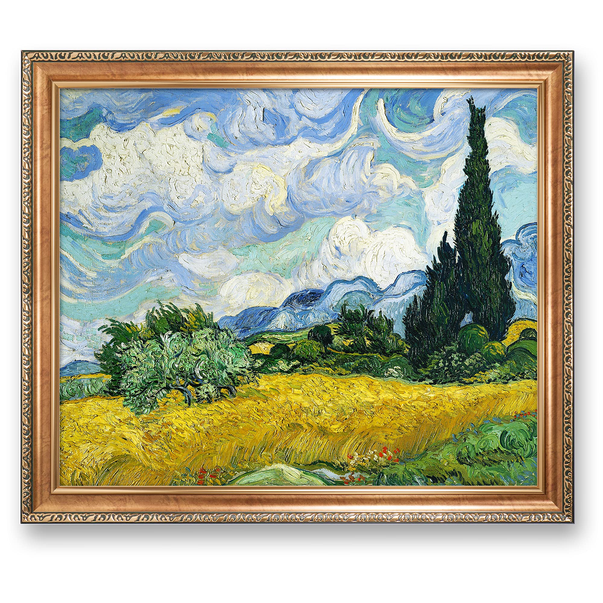 Wheat Field with Cypresses by Van Gogh Framed Size:34.5 x 28.5 inches,Image Size:30x24 inches,Luxurious Gold Embossing Frame The World Classic Art Reproductions,Giclee Prints Wall Art for Home Décor