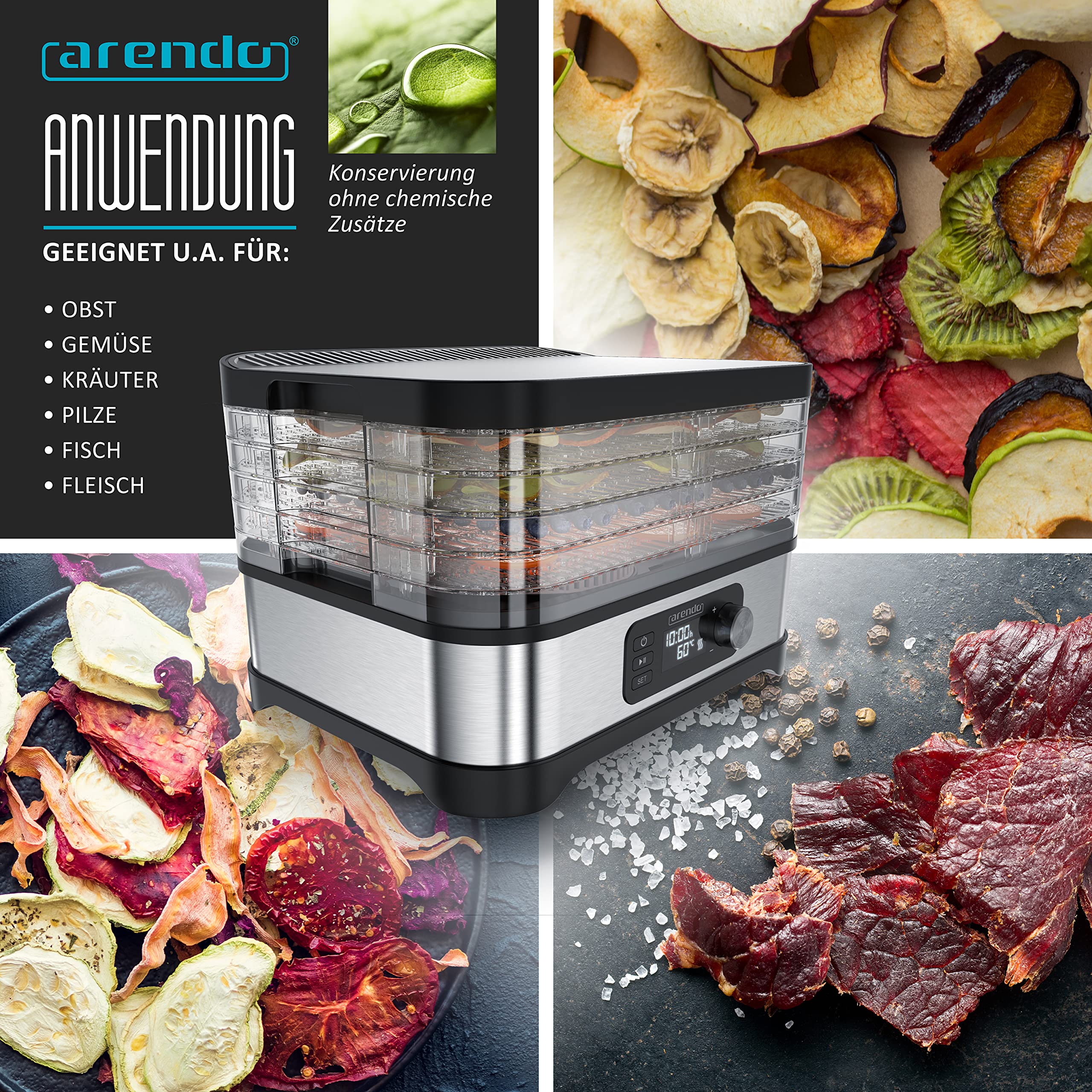 Arendo - Essiccatore con regolatore di temperatura 400 W - disidratatore in acciaio inox per alimenti, carne, frutta e verdura - con timer fino a 24 h - 35-70 gradi - 5 scomparti - GS - Disidratatore