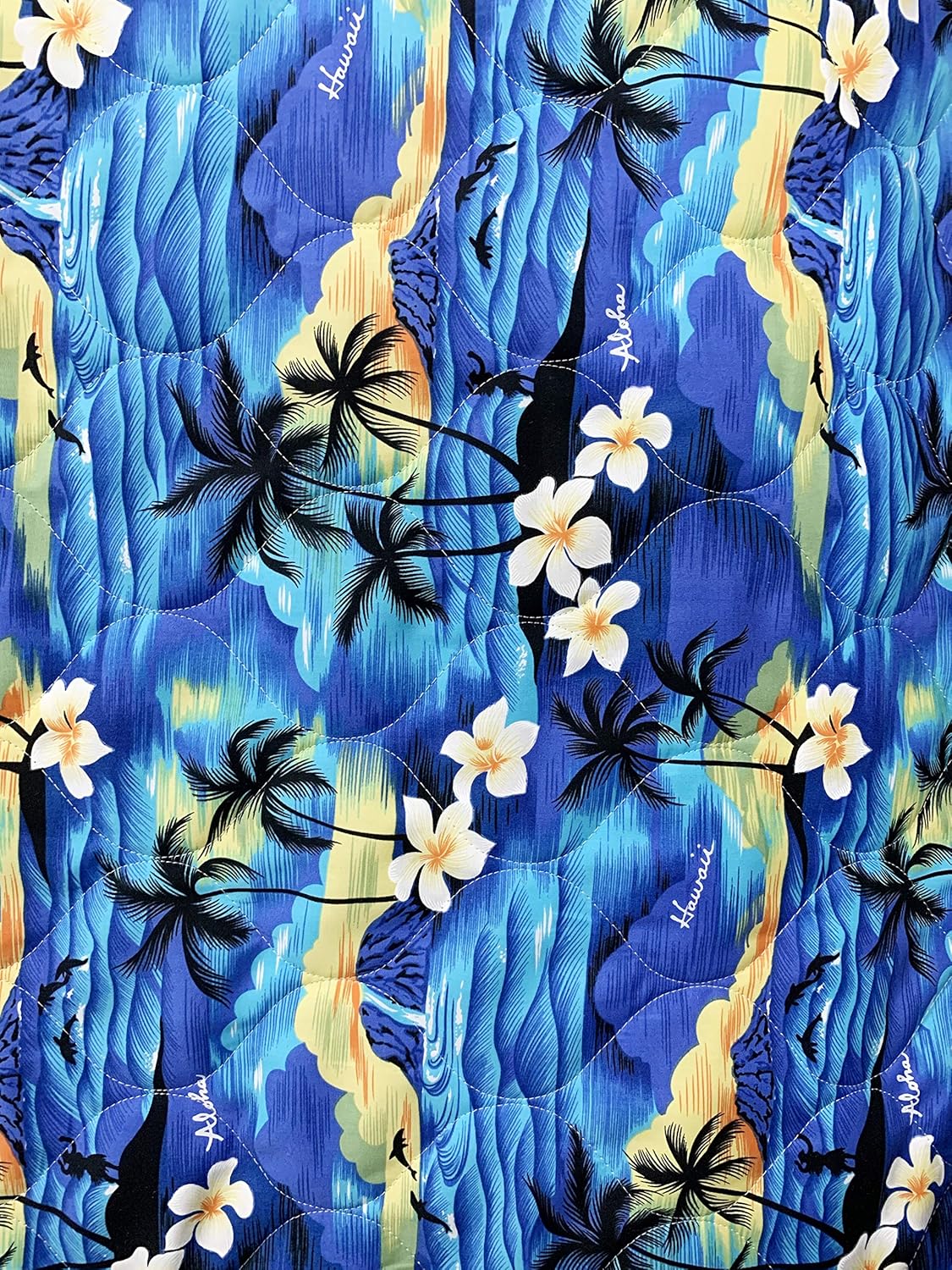 Quilted Fabric - 100% Cotton - 52 inch Wide - Sold by Yard - Turtle - Hibiscus - Floral - Leaves - Hawaiian - Ferns (Sunset All Over Blue)