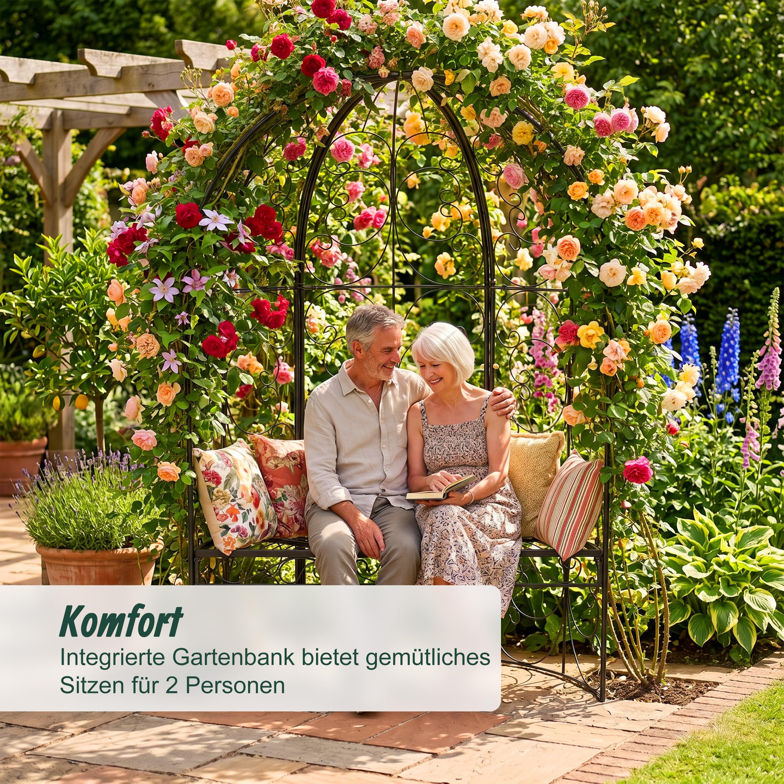Relaxdays Gartenbank mit Rankpavillon, Laubenbank bis 240 kg, schwarz