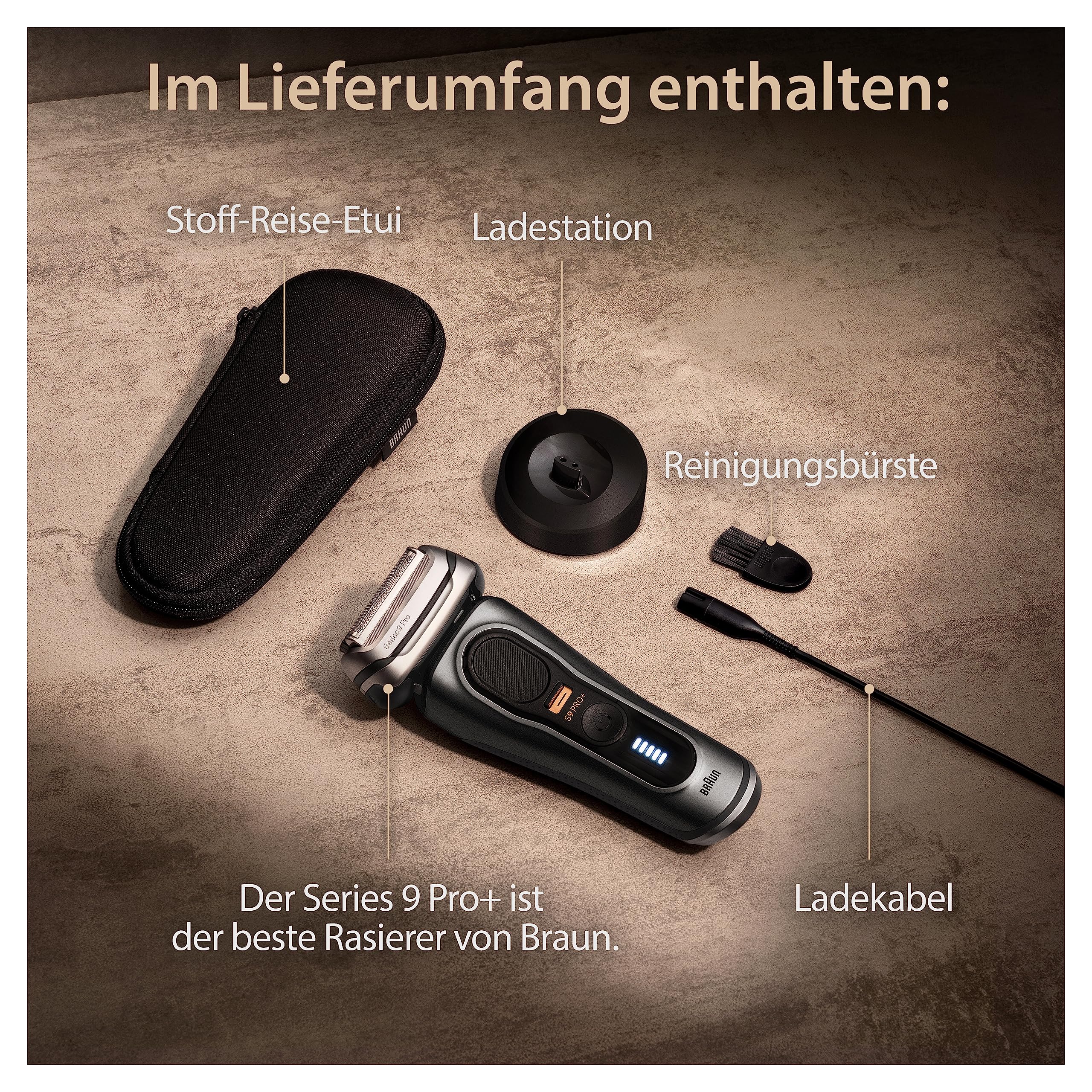 Braun Series 9 Pro+ Rasierer Herren Elektrisch, Elektrorasierer mit 5 Pro Rasierelementen, Langhaarschneider ProTrimmer, Ladestation, 60 Min Laufzeit, Wet & Dry, Made in Germany, 9515s, Edelmetall