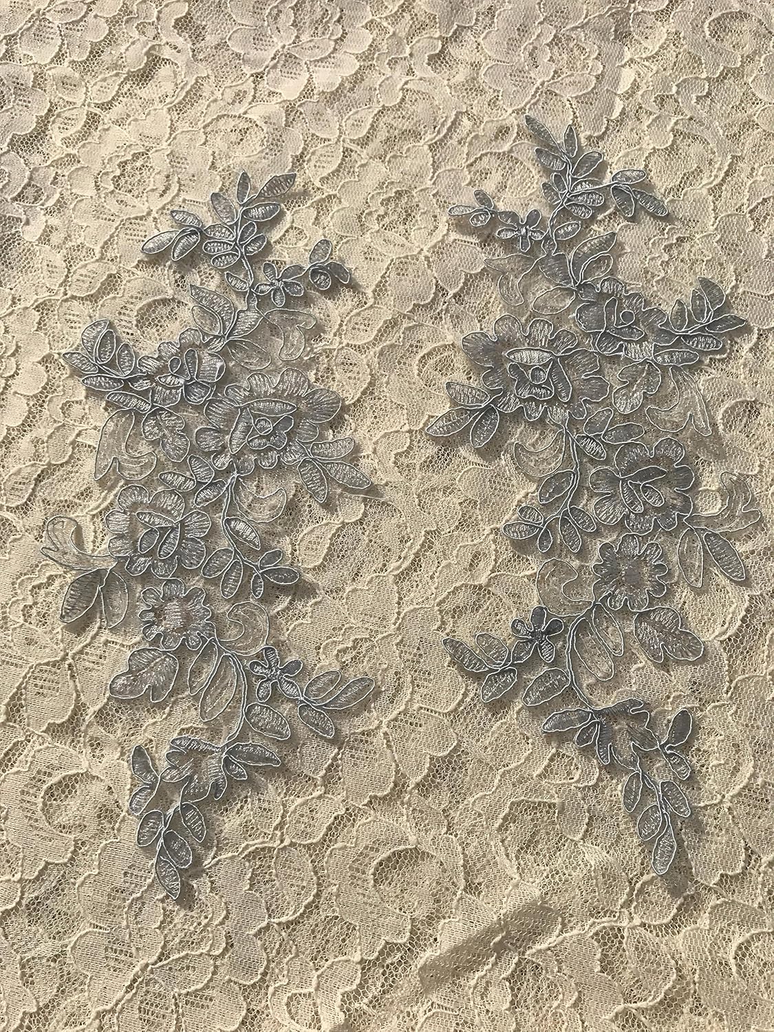 #127 Gray Color Two Pairs Lace Appliques, Wedding Embroidered Appliques