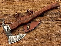 Vista 1 de Hacha de acero al carbono hecha a mano única personalizada Hacha funcional Hacha vikinga Mango pulido de madera rosa con funda de cuero