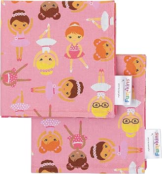 Funkins Reusable Cloth Napkins for Kids | 12x12, 2-Ply, Thick, Absorbent, Durable | Machine Washable | Name Tag | Soft Cotton Fabric | Great for School Lunchboxes | Set of 2 Napkins (Ballerinas)