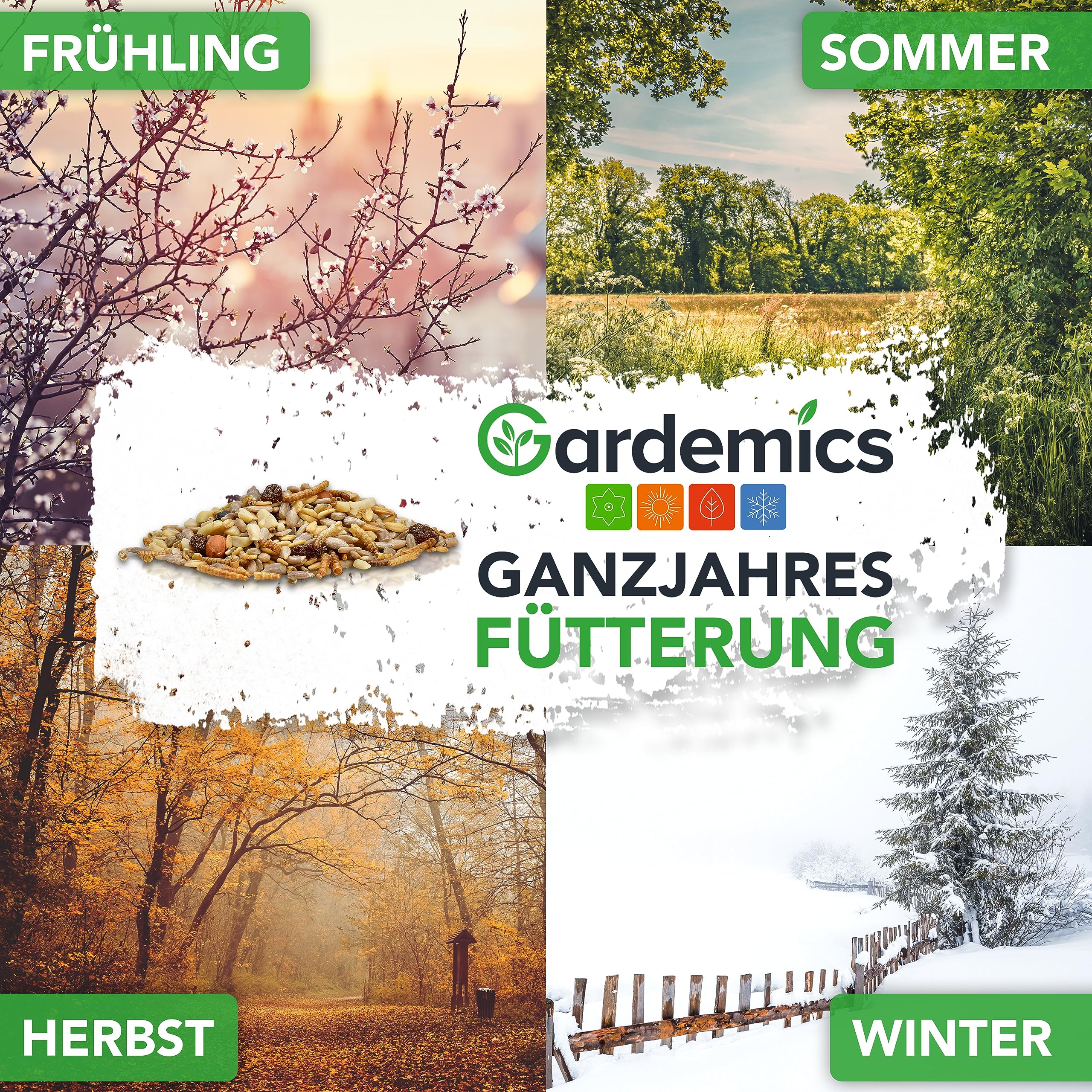 Gardemics Vogelfutter Wildvögel ganzjährig 10 Kg - Mit Mehlwürmern - Premium Protein Wildvogelfutter Ganzjahresfutter für Artenvielfalt im Garten