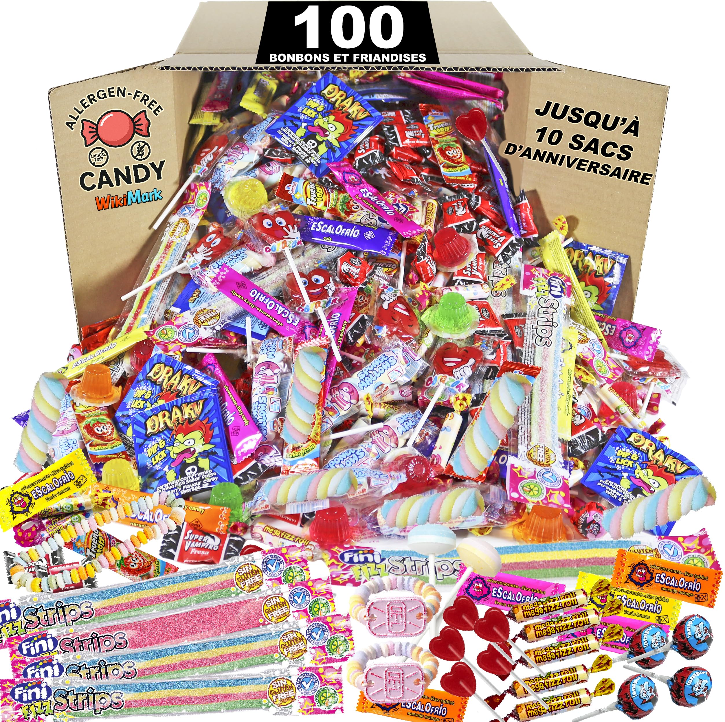 100 bonbons, friandises et bonbons remplis de piñata sans allergènes WikiMark - Pour remplir les sacs d'anniversaire, de fête, de Noël et d'Halloween. Sans gluten et sans lait.