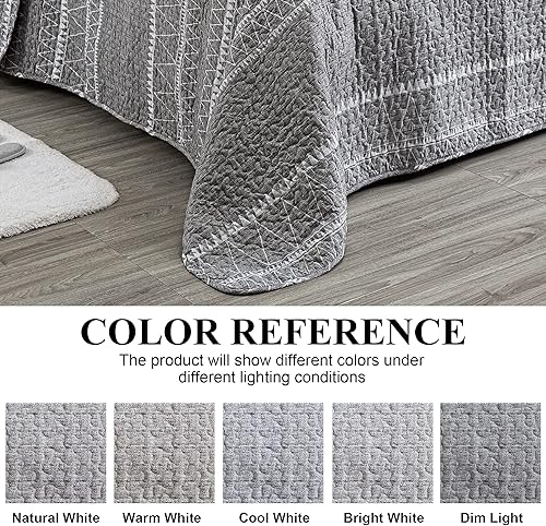 Miniatura 6 de Juego de edredón de tamaño King gris (108 x 96 pulgadas), juego de colcha ligera, patrón de triángulo a rayas, colcha reversible para todas las