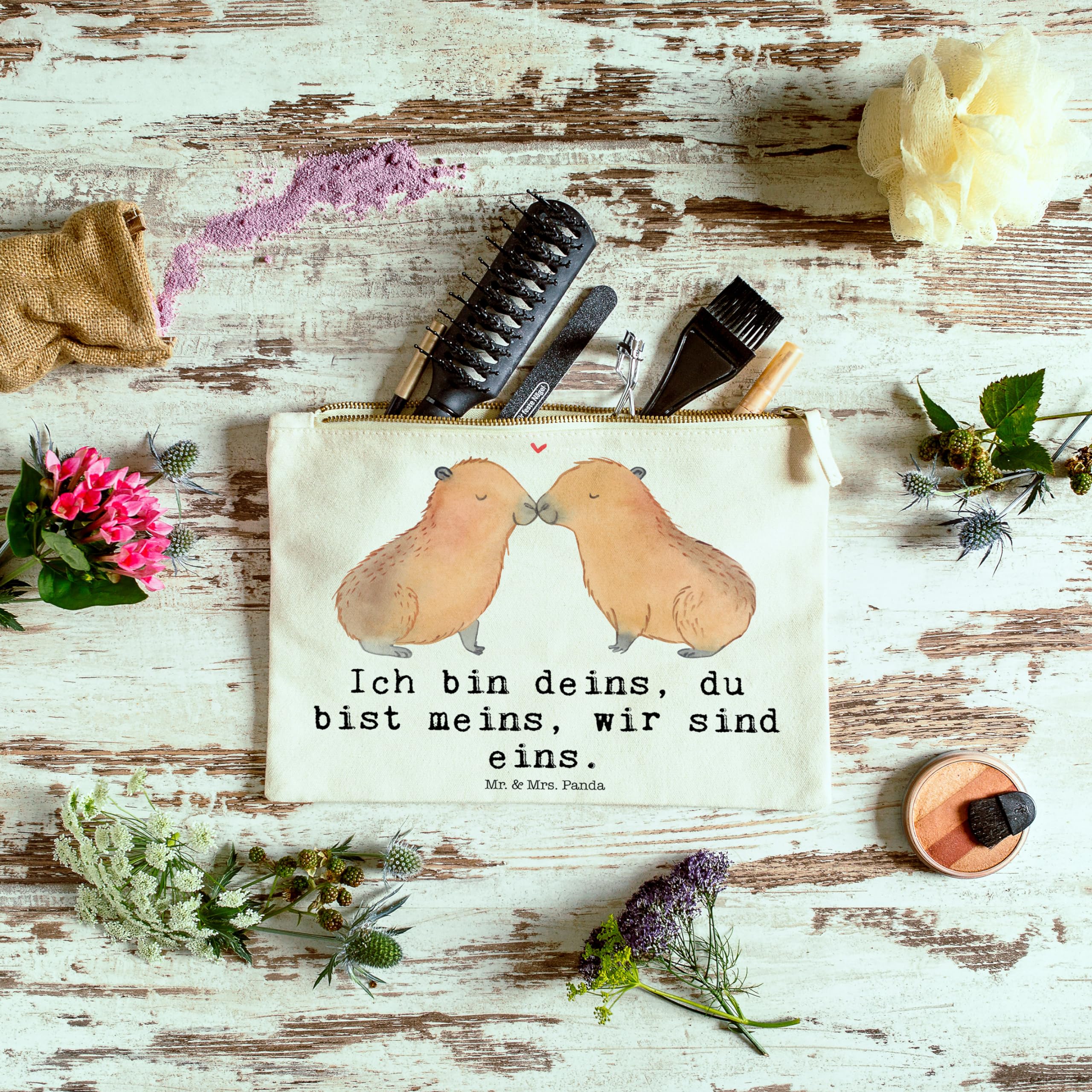 Mr. & Mrs. Panda Kulturbeutel Capybara Liebe Grösse XL Große - Geschenk, Pouch, Mäppchen, kosmetiktäschchen, Liebesspruch, Kulturtasche, Tiermotive, Geschenkidee, Paar, Valentinstag, Kosmetiktasche