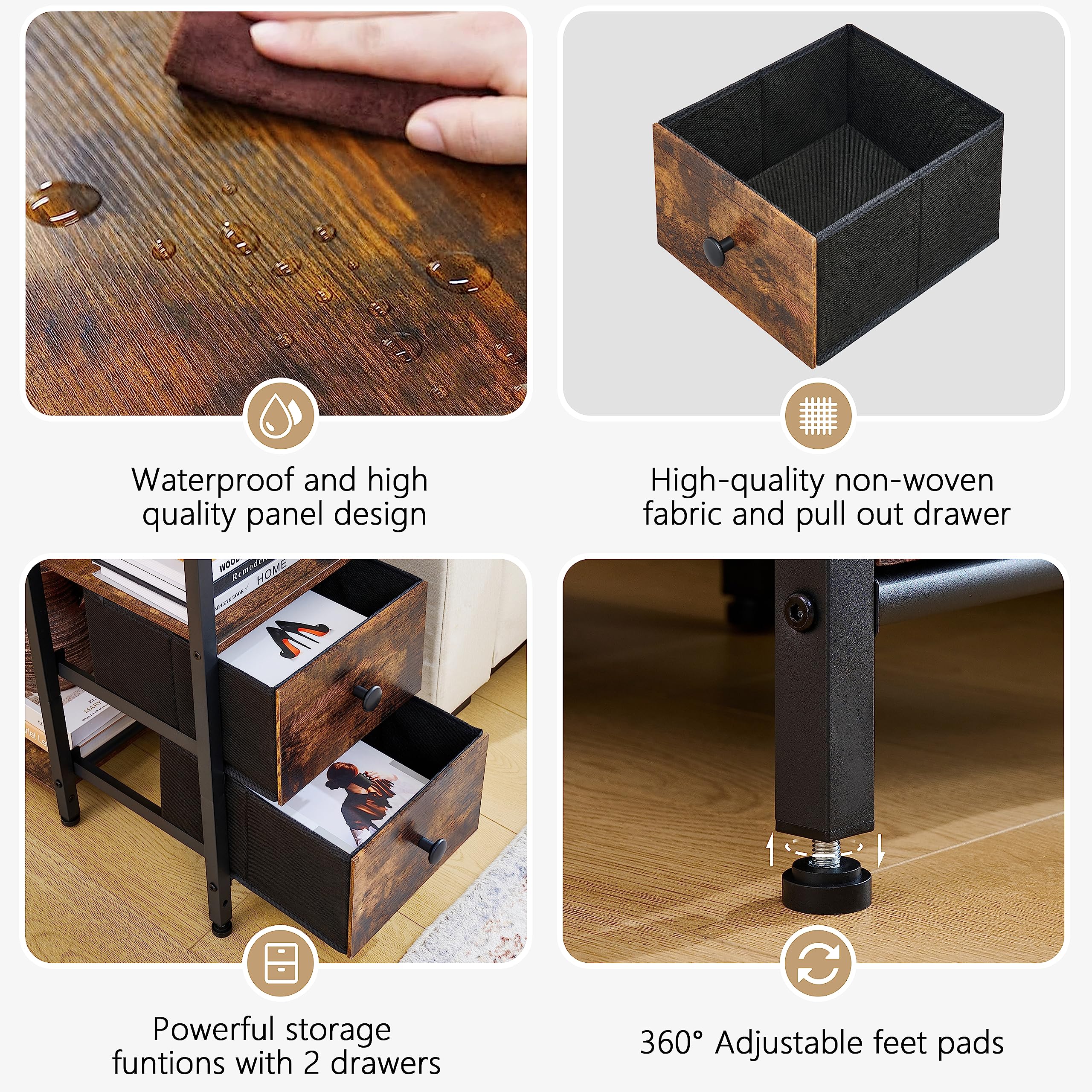 Hoctieon Nightstand with Fabric 2 Drawers, Night Stands for Bedrooms, Side Table with Drawer, Farmhouse Nightstands, End Table with Storage, Easy Assembly, Rustic Brown