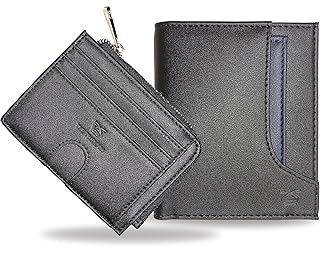 Portafoglio Uomo Slim Porta Carte Di Credito Uomo Donna Pelle Protezione RFID NFC Antifrode Sottile Zip Portamonete Porta Tessere Documenti Confezione da 2 pezzi Nero