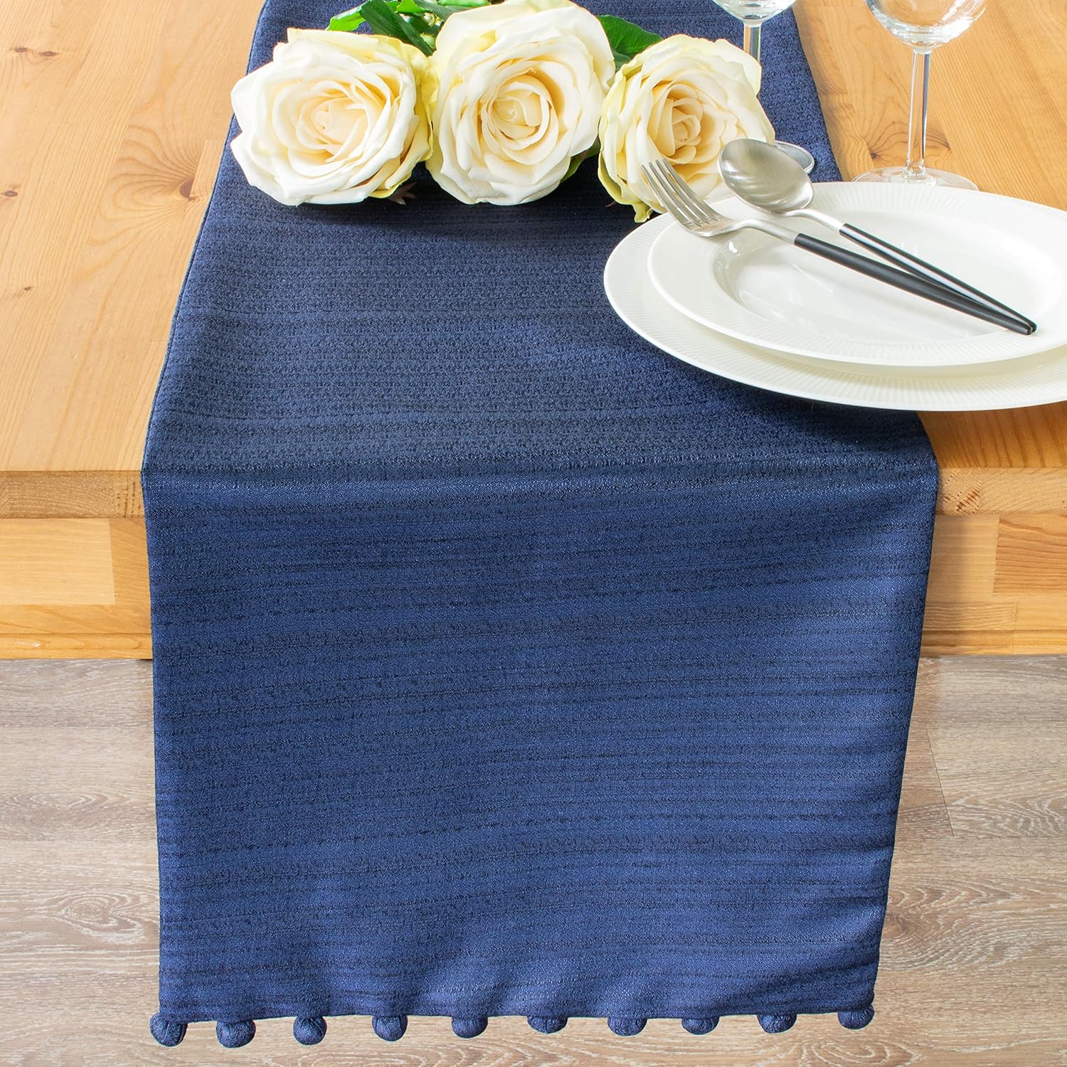 The White Petals Dark Blue Dining Table Runners (13x72 inch, Pack of 1, Pom Pom Trim) Fabric Lined | Properly Finished, No Fray Edges | for Home, Kitchen, Dining Room, Holiday, Wedding Party Décor