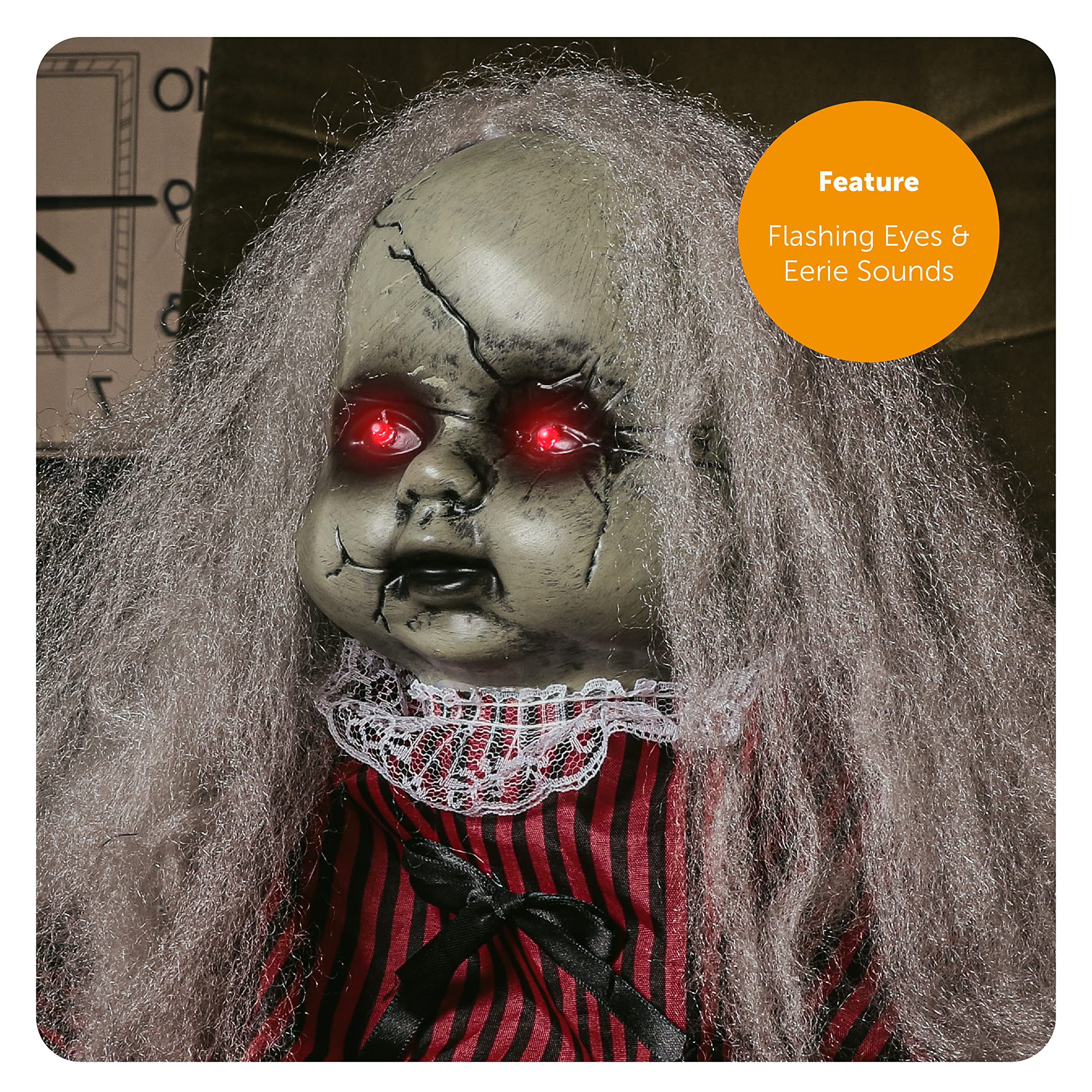 Animatronic - Bambola grande in vestito rosso e nero decorazione di Halloween, occhi rossi e effetti sonori – ruote motorizzate – puntelli di Halloween
