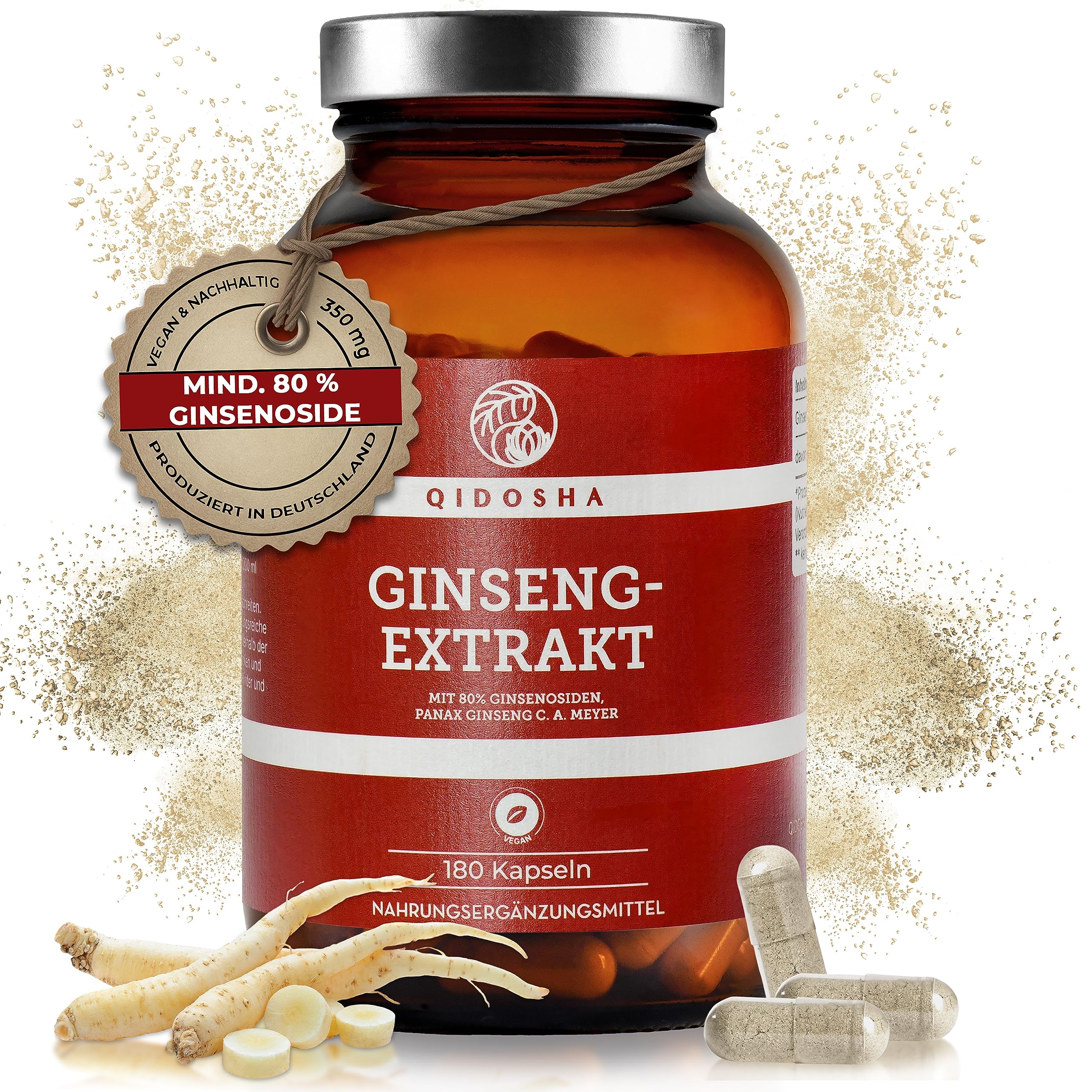 QIDOSHA® Ginseng Kapseln hochdosiert mit 80% Ginsenosiden, 180 Kapseln im Apothekerglas, original Roter Panax Ginseng C.A. Meyer, deutsche Fertigung, ohne Füllstoffe