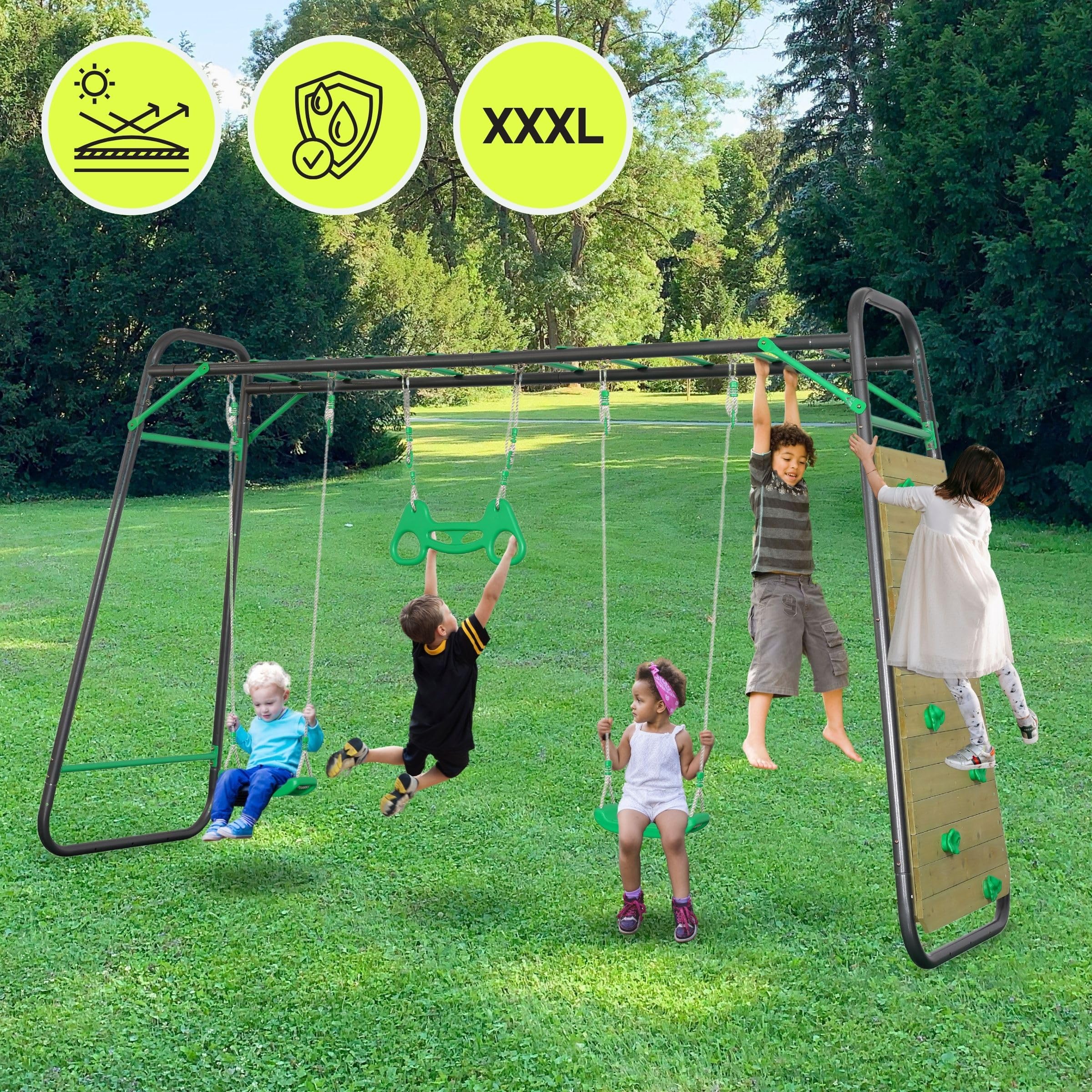 HyperMotion Columpio Infantil XXXL con 2 Asientos, Trapecio y Pared de Escalada - Set Columpios Infantiles para Jardín con Escalera y Cuerdas Ajustables - Estructura de Acero, 200 kg