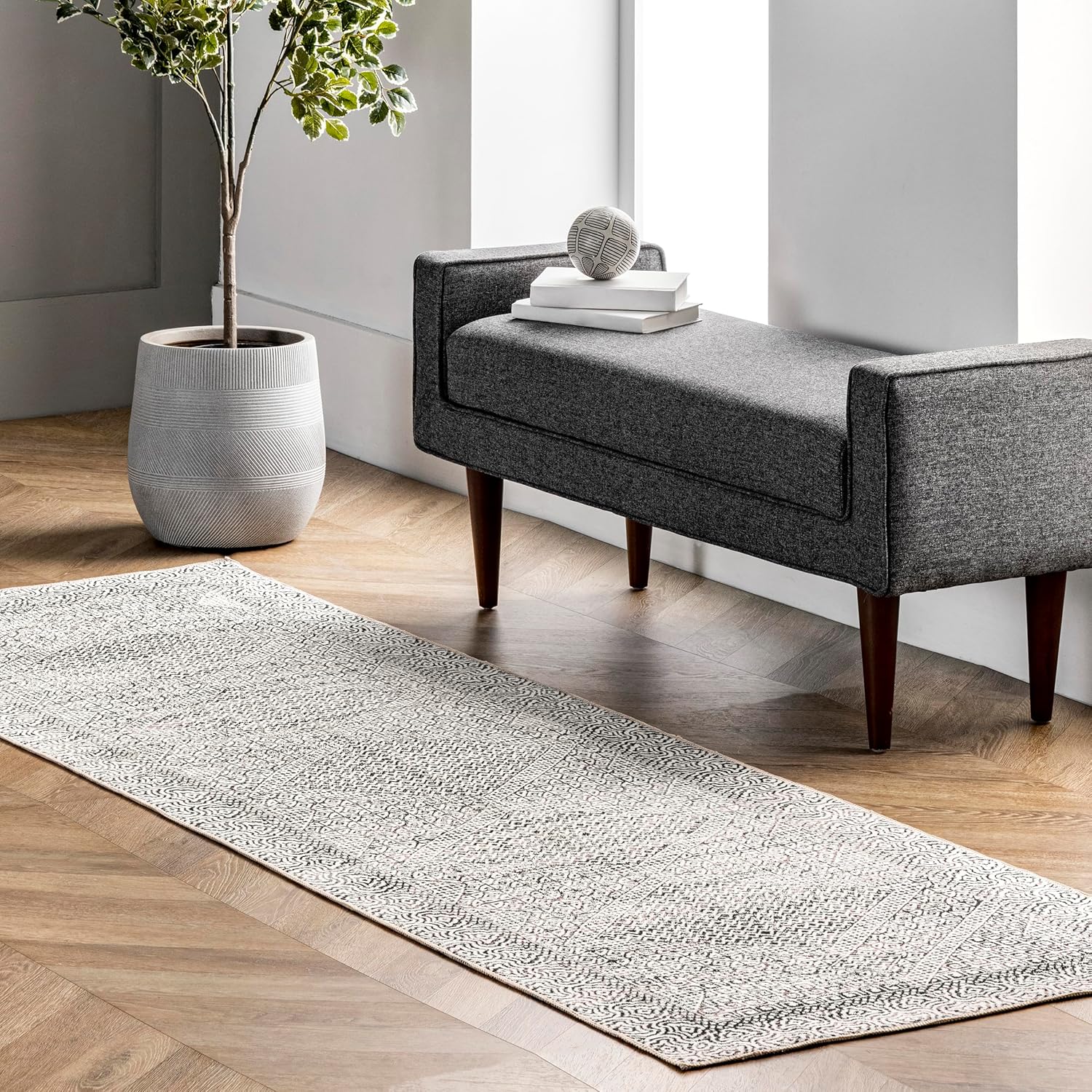 nuLOOM Abstract Tribal Machine Washable Ultra Thin Runner Rug, 2' 6" x 12', Grey